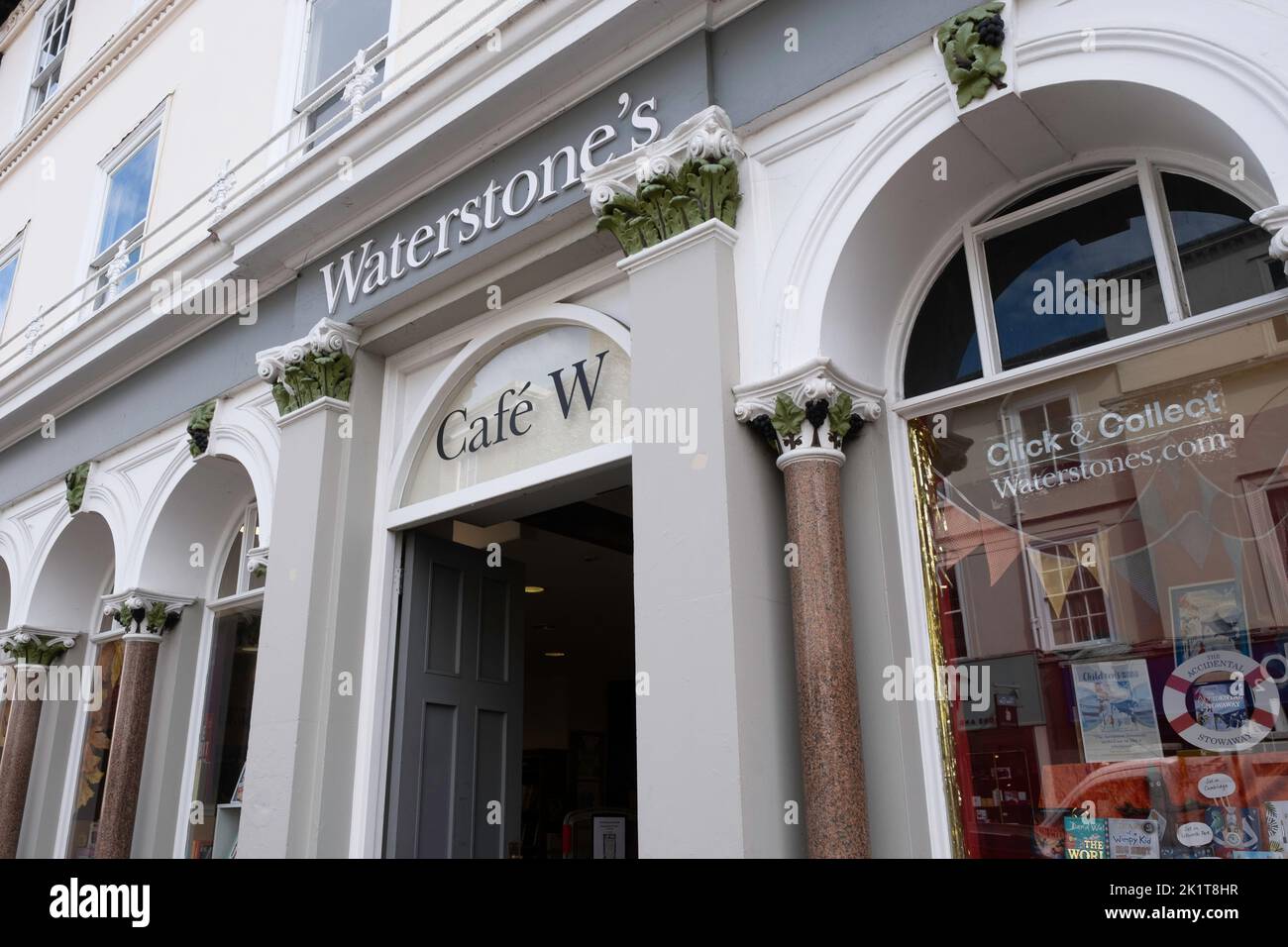 Entrance and frontage to Waterstone's bookshop and cafe which is located in the Butter Market in Bury Sint Edmunds, England Stock Photo