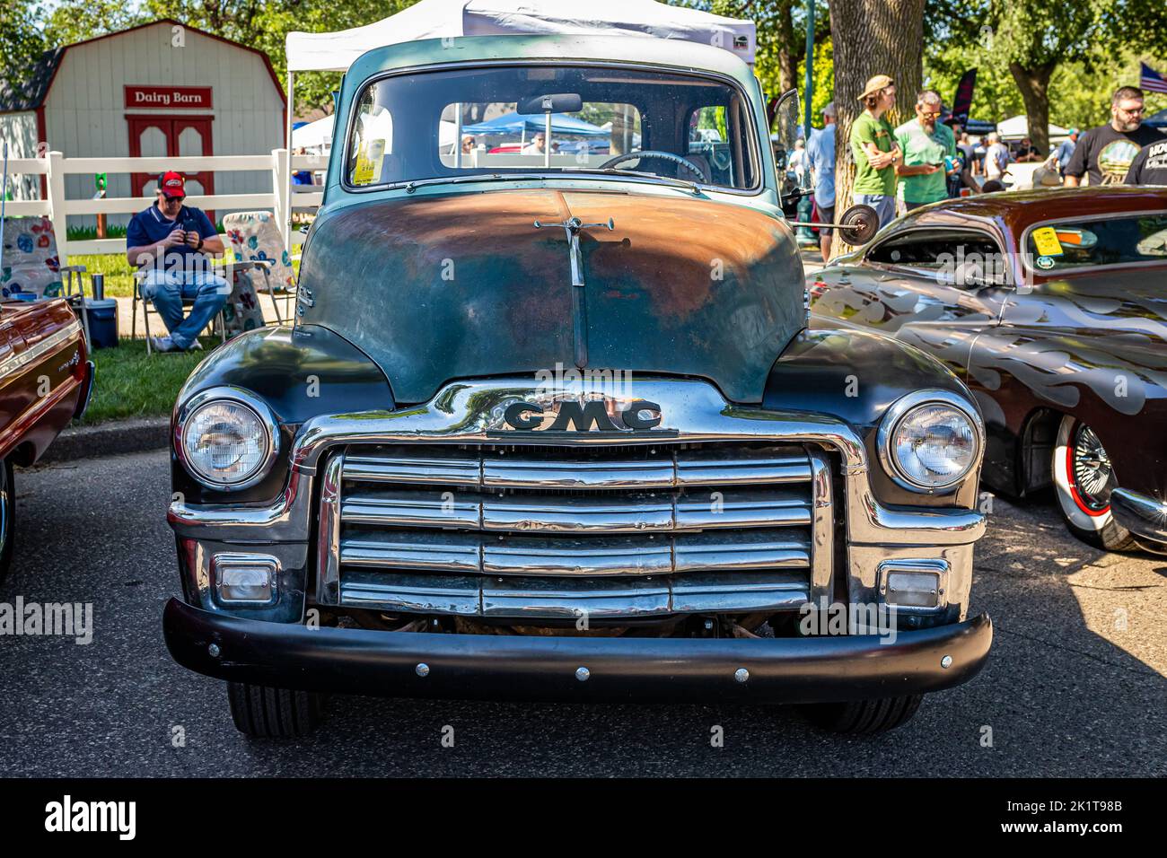 Falcon Heights, MN - June 18, 2022: High perspective front view of a 1954 GMC 100 Stepside Pickup Truck at a local car show. Stock Photo