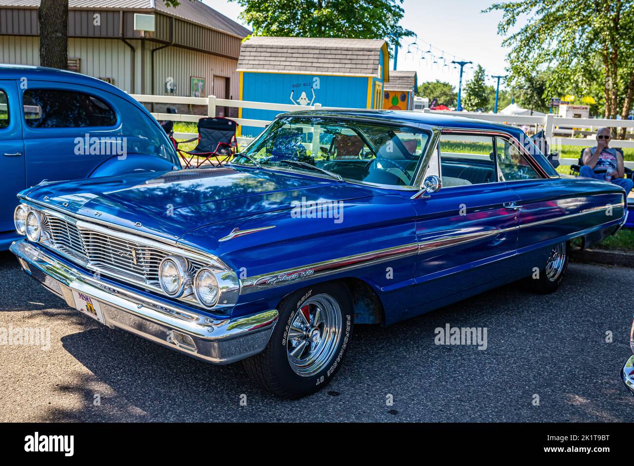 Falcon Heights, MN - June 18, 2022: High perspective front corner view of a 1964 Galaxie 500 Club Coupe at a local car show. Stock Photo
