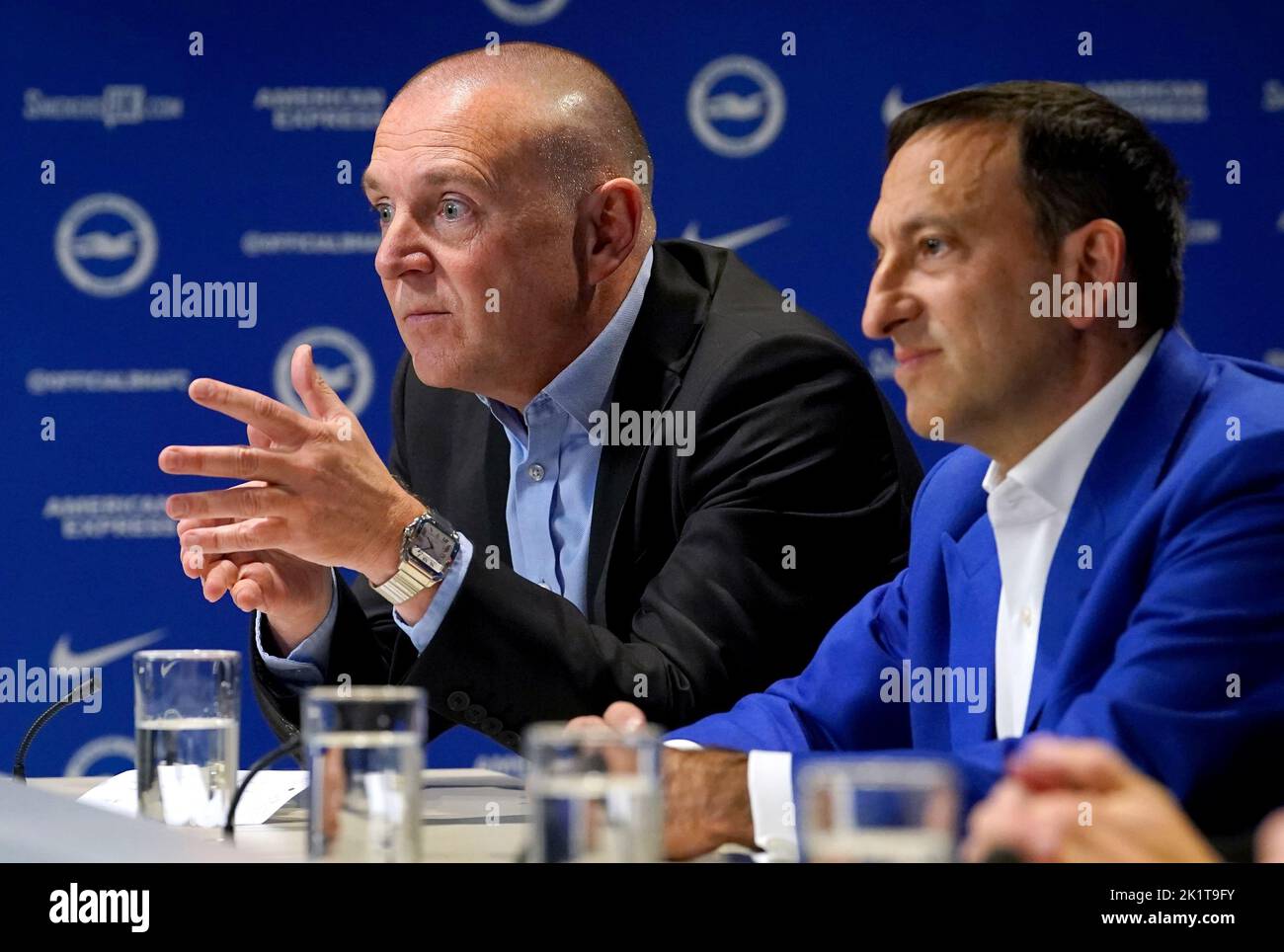 Brighton and Hove Albion CEO and Deputy Chairman Paul Barber (left) and Brighton and Hove Albion owner and chairman Tony Bloom during the press conference at the American Express Elite Football Performance Centre, Brighton. Picture date: Tuesday September 20, 2022. Stock Photo