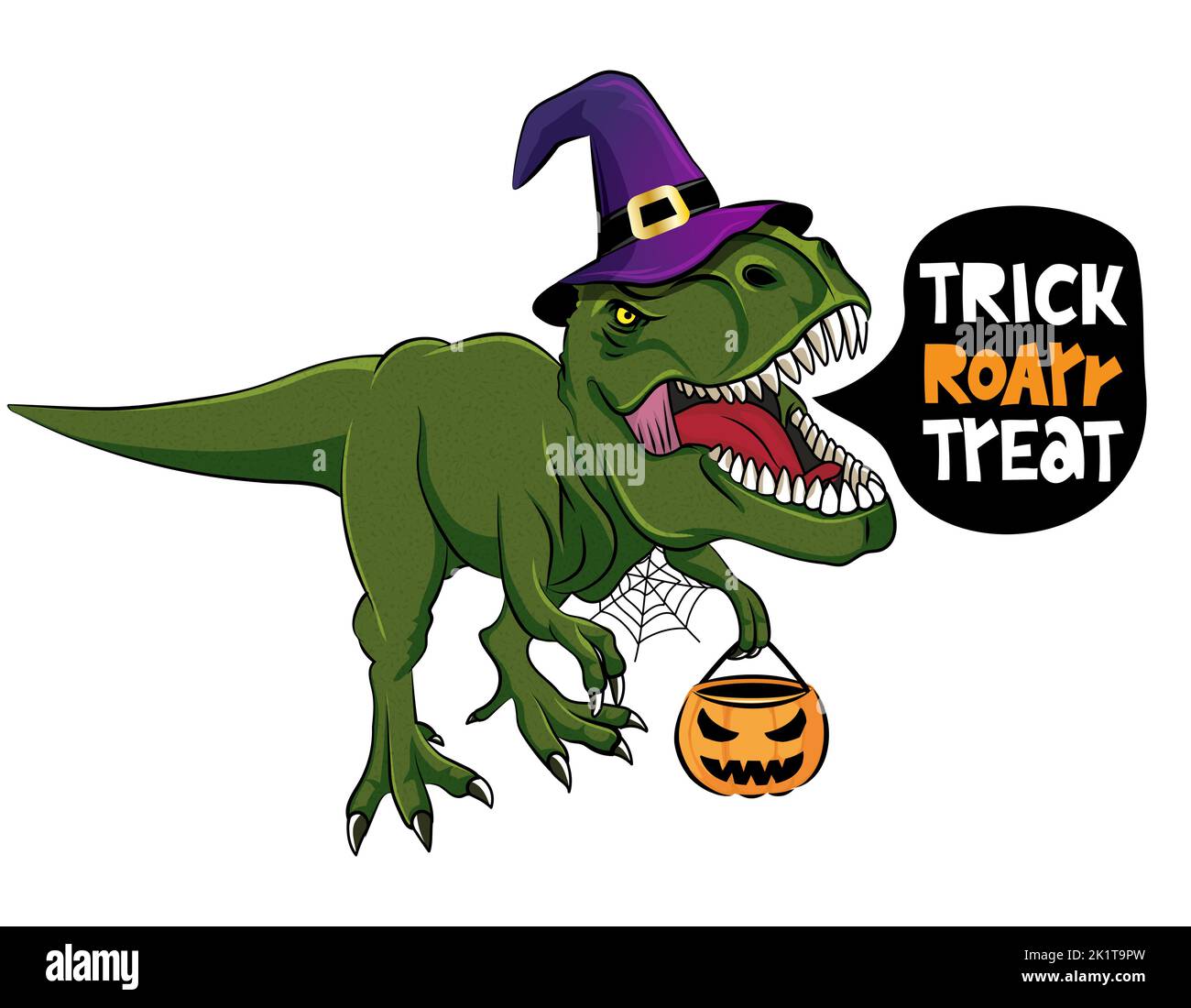 Trick roar treat - T rex tyrannosaurus with witch costume. Cute roaring happy dinosaur with witch hat. Dino character in cartoon style. Happy Hallowee Stock Vector