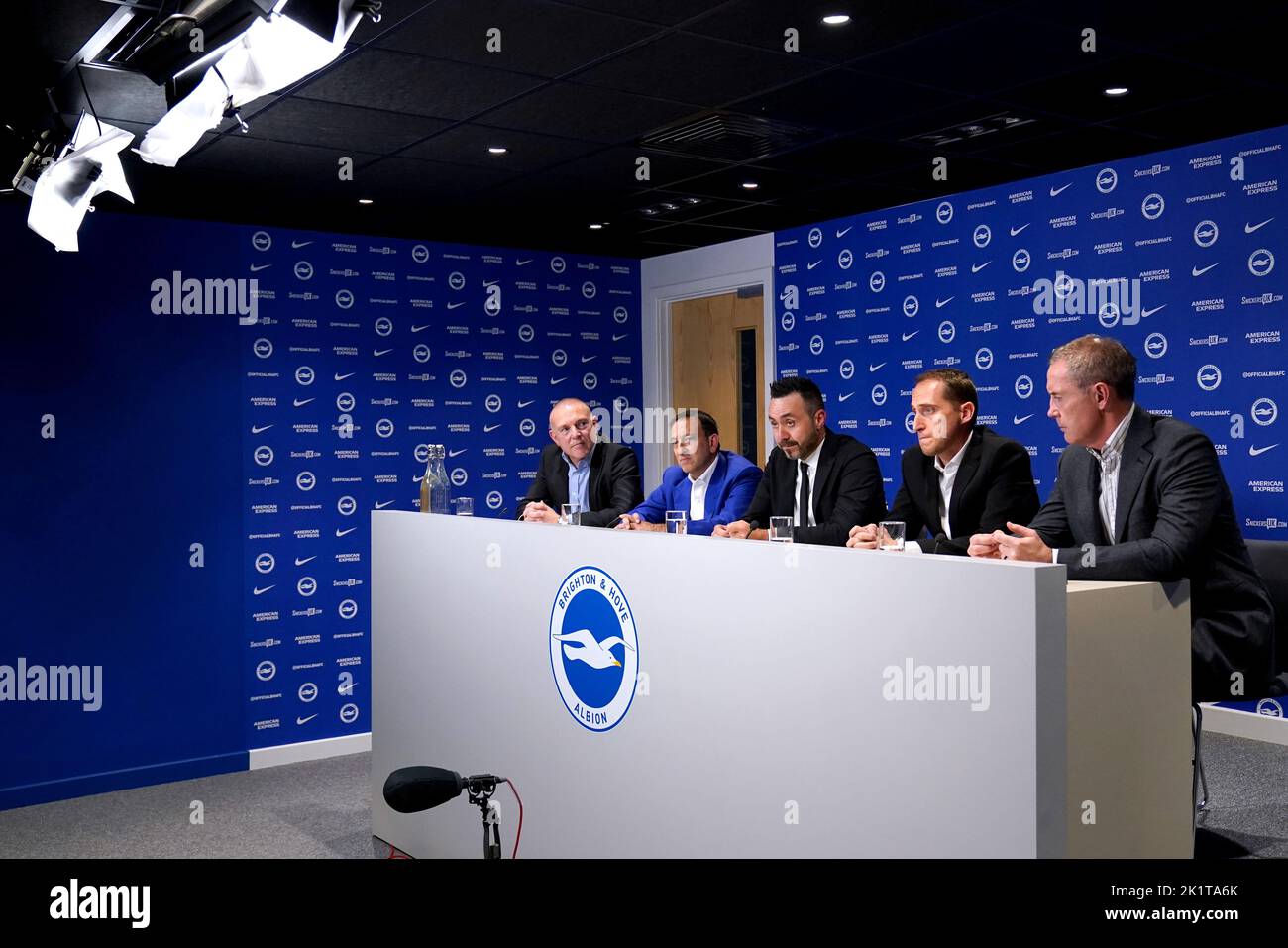 Brighton and Hove Albion CEO and Deputy Chairman Paul Barber, owner and chairman Tony Bloom, new manager Roberto De Zerbi and technical director David Weir during the press conference at the American Express Elite Football Performance Centre, Brighton. Picture date: Tuesday September 20, 2022. Stock Photo