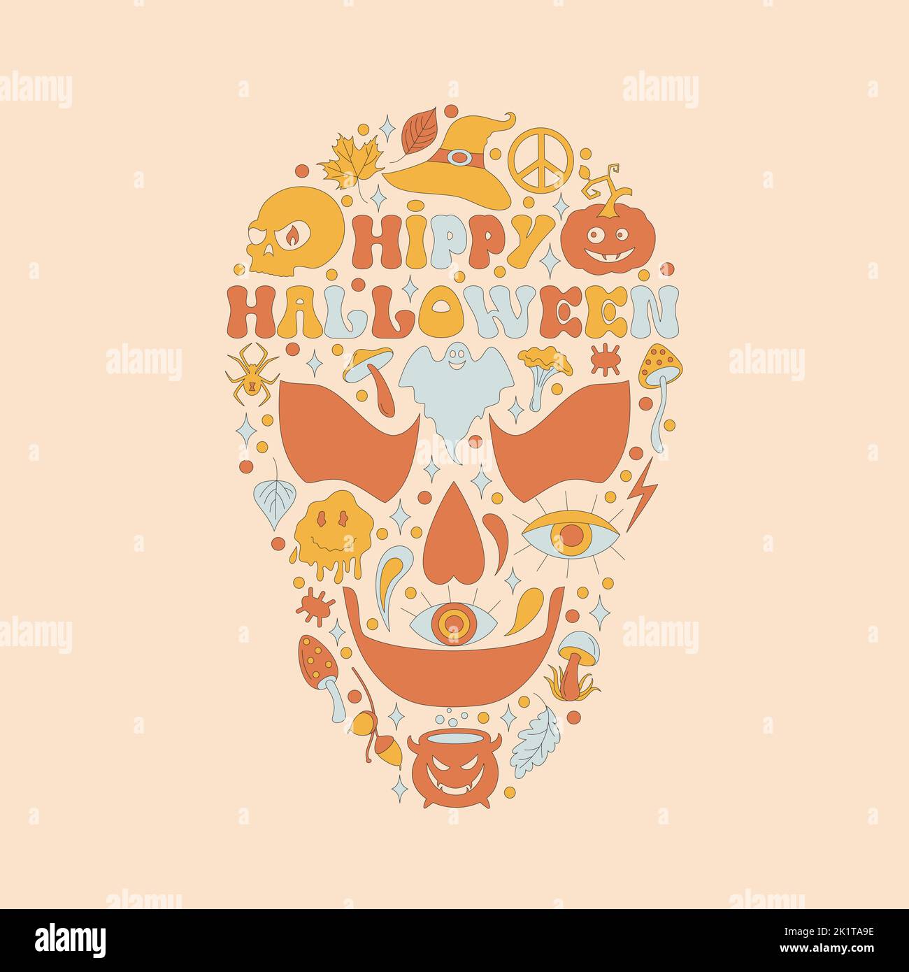 Pattern with retro 70s style Halloween elements.  Stock Vector
