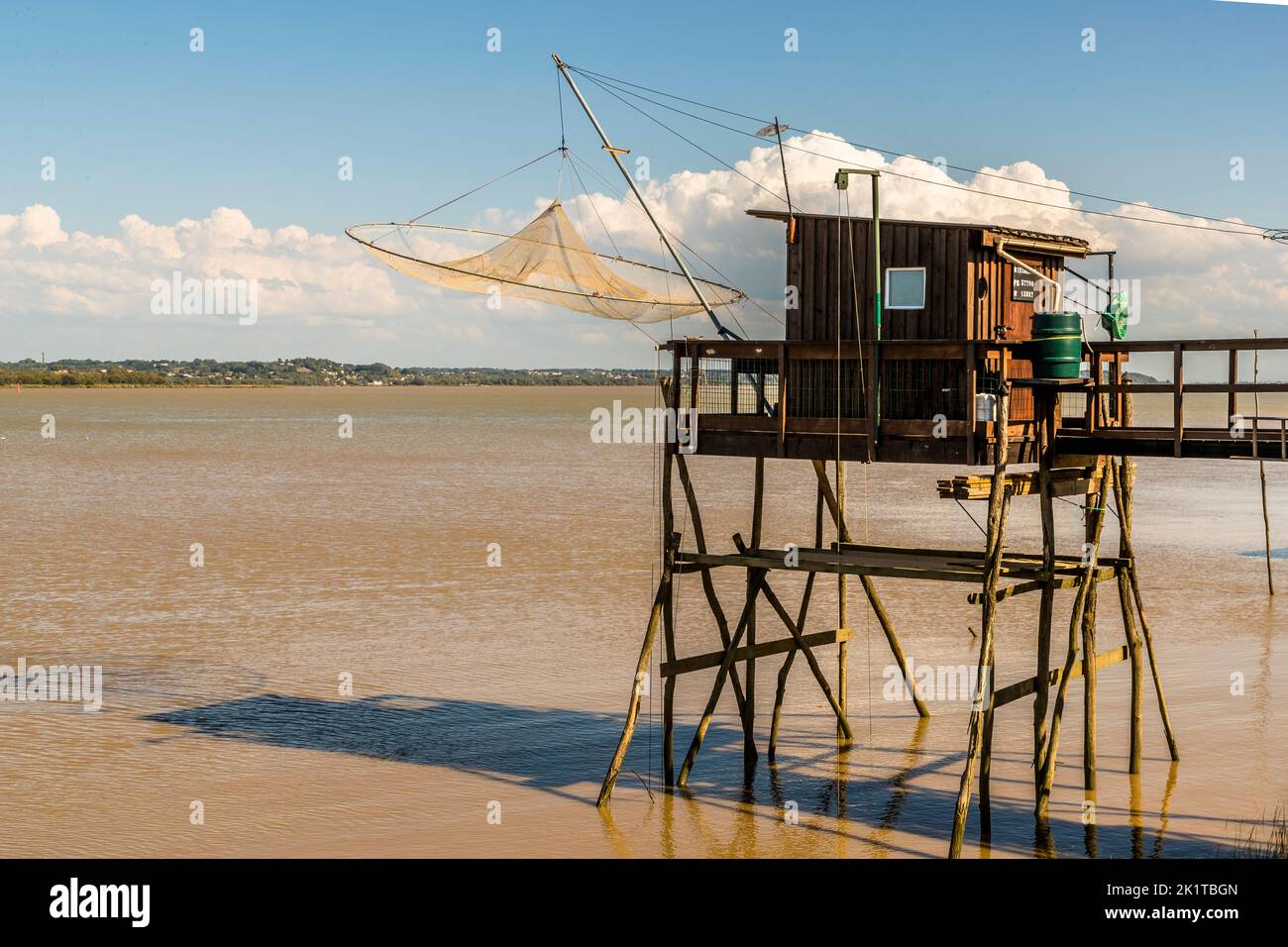 Le Carrelet is the name given to the fishermen's huts on stilts at the mouth of the Gironde River. Lesparre-Médoc, France Stock Photo