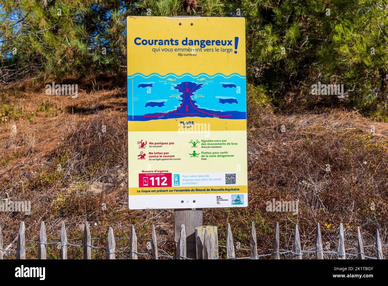 Information board on the beach informs about dangerous currents. Lesparre-Médoc, France Stock Photo