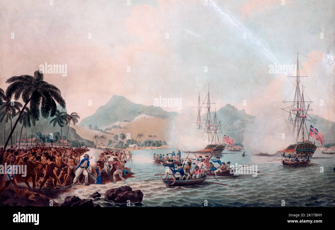 Death of Captain Cook at Hawaii.View of Owhyhee in the Sandwich Islands