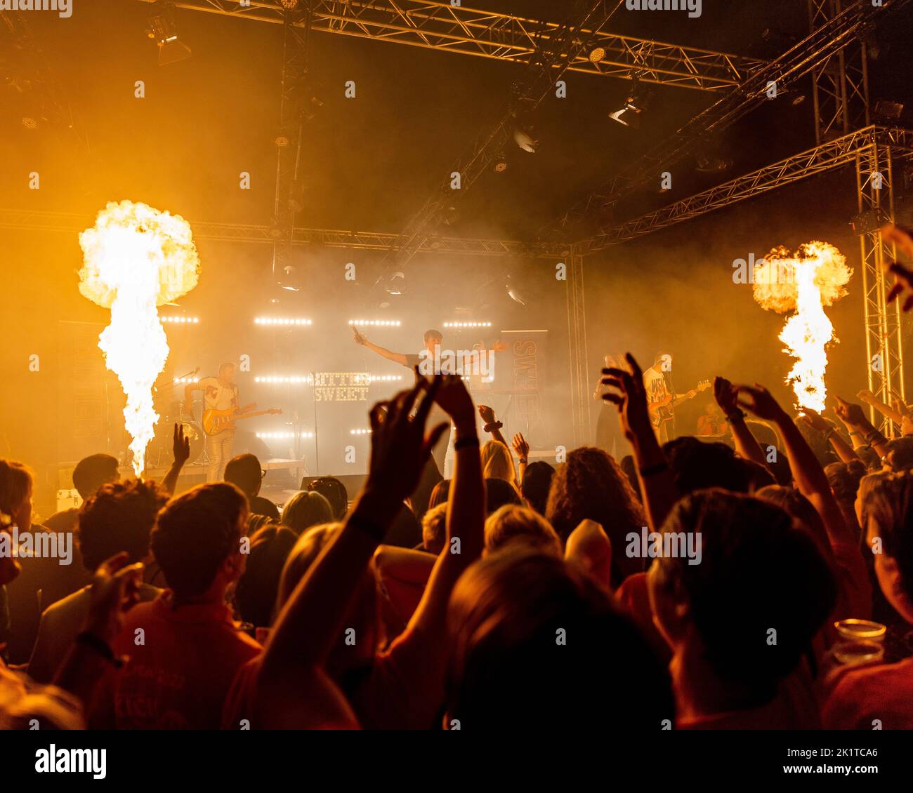 A concert with flamethrowers and a large crowd of dancing people Stock