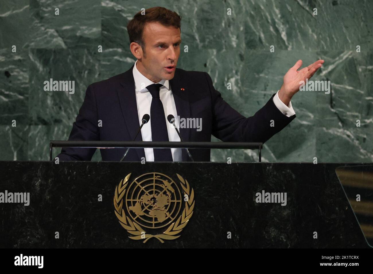 France's President Emmanuel Macron addresses the 77th Session of the United Nations General Assembly at U.N. Headquarters in New York City, U.S., September 20, 2022. REUTERS/Brendan McDermid Stock Photo