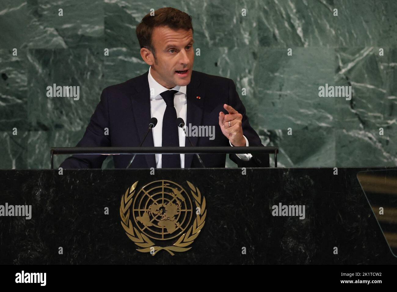 France's President Emmanuel Macron addresses the 77th Session of the United Nations General Assembly at U.N. Headquarters in New York City, U.S., September 20, 2022. REUTERS/Brendan McDermid Stock Photo