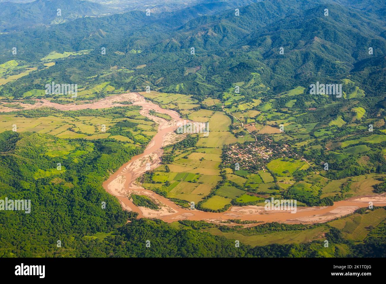 Landscape aerial view of colorful rivers, forest with trees, jungle, and fields in Mexico Stock Photo