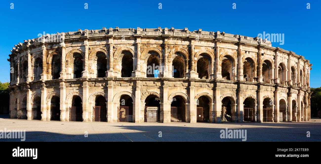 View of famous amphitheater in the morning, Nimes, France, Europe Stock Photo