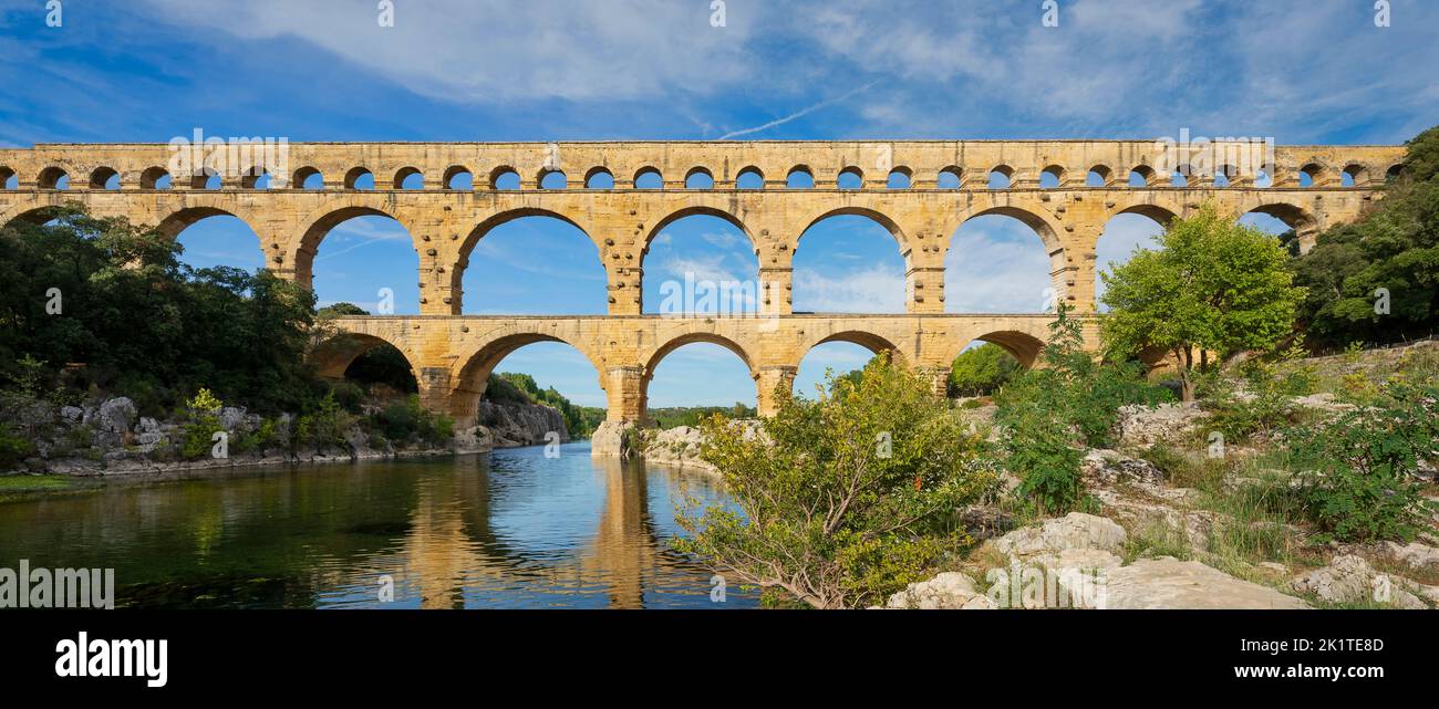 Famous Pont du Gard, old roman aqueduct in France, Europe Stock Photo