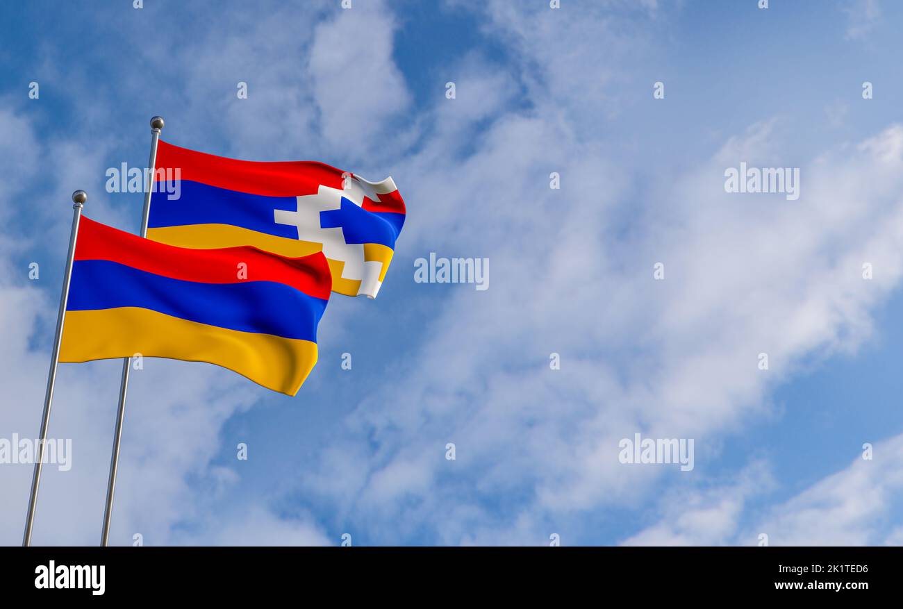 Armenia and Artsakh flags. Blue sky and flag Armenia and Artsakh ...