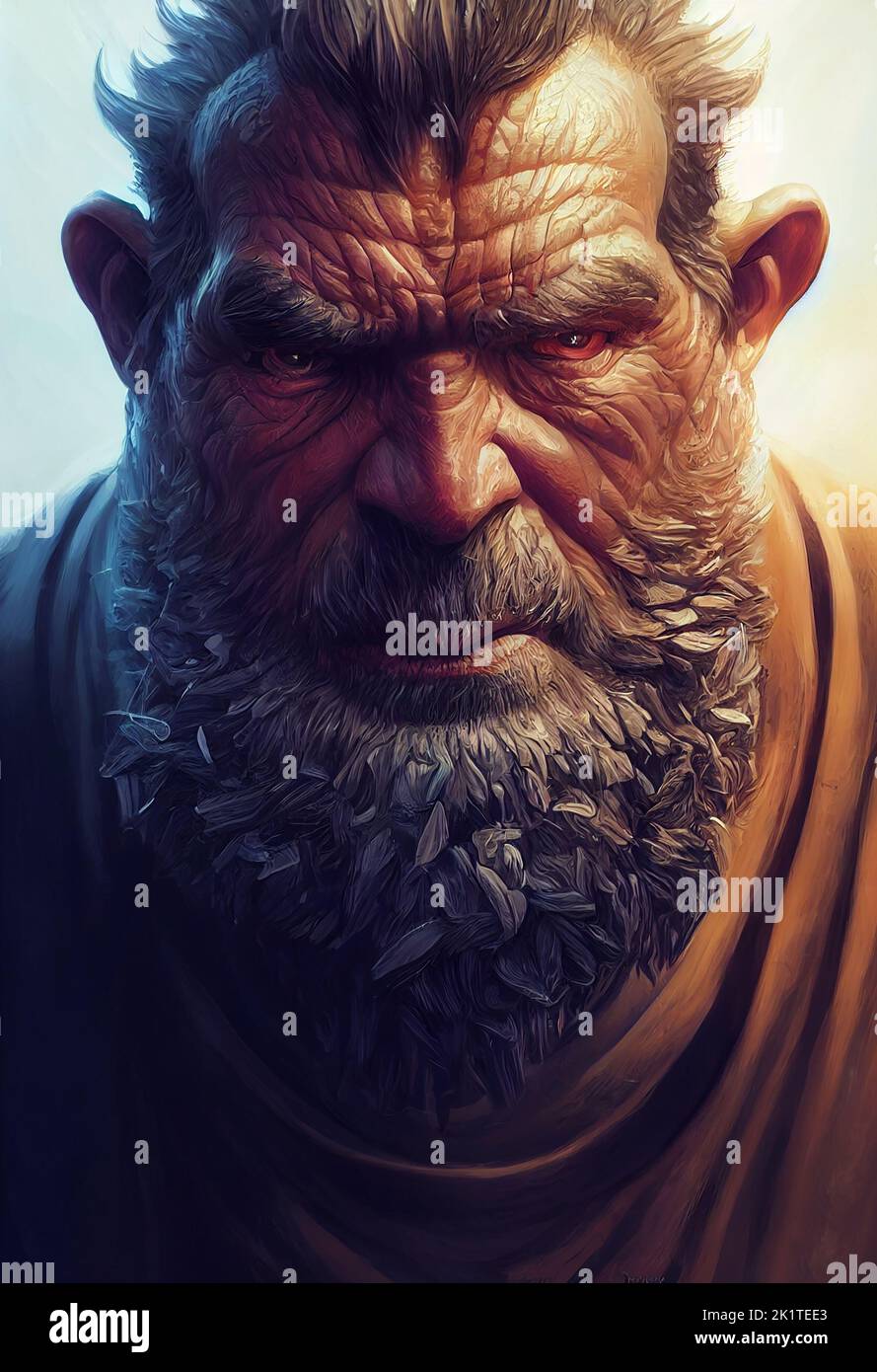 A 3D illustration of an old fantasy god with a tired face and bushy gray beard - fantasy hero digital art Stock Photo