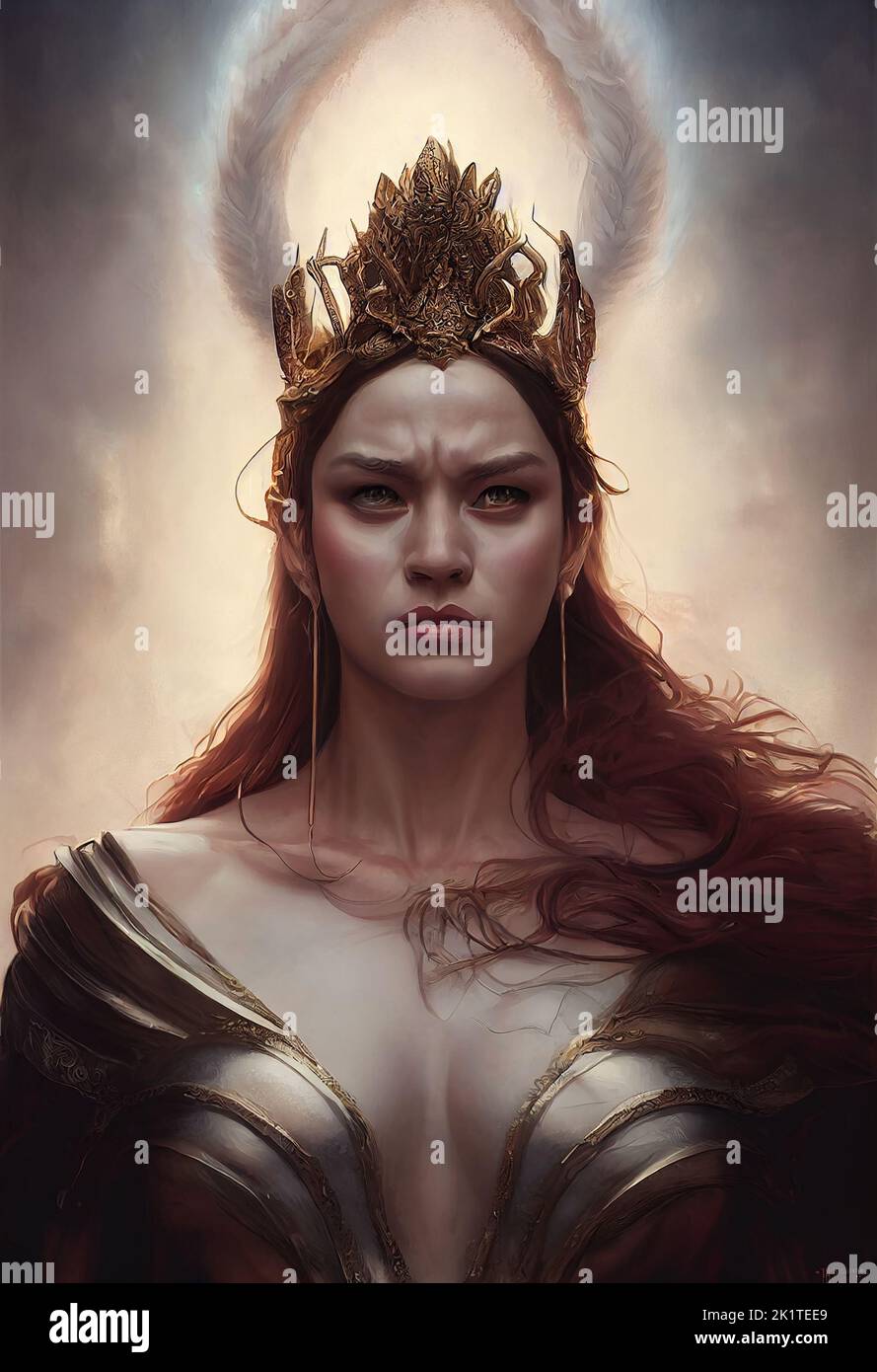 A 3D illustration of a vengeful fantasy war angel with a regal crown - fantasy heroine digital art Stock Photo