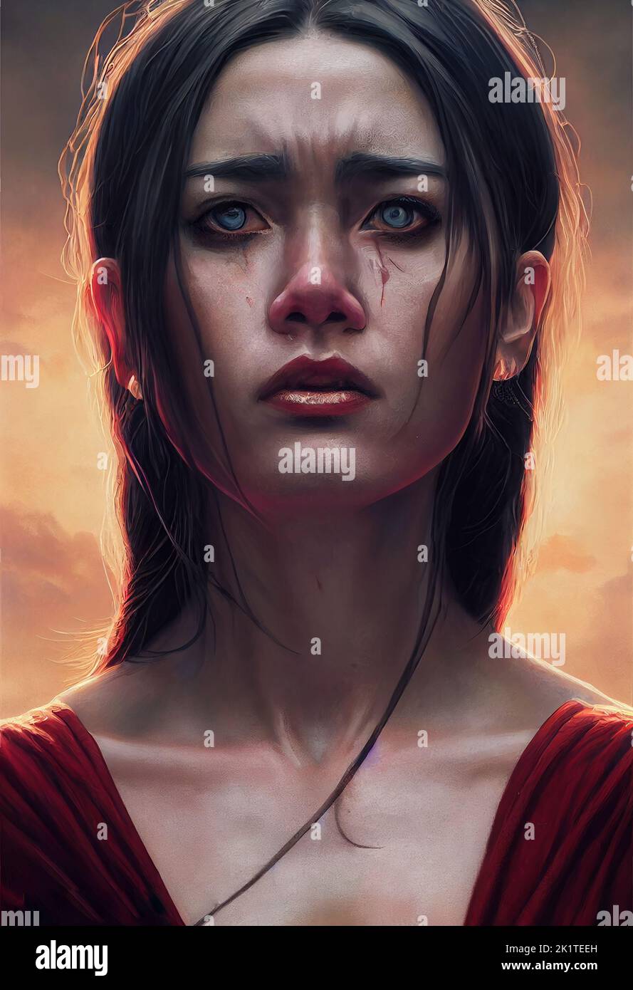 A 3D render of a young fantasy princess with a teary-eyed and bloodied face after a lost battle Stock Photo