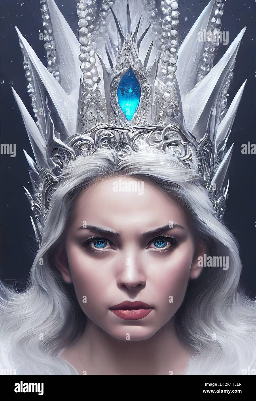 A 3D illustration of a proud ice queen with white hair and sapphire eyes matching the gem of her
