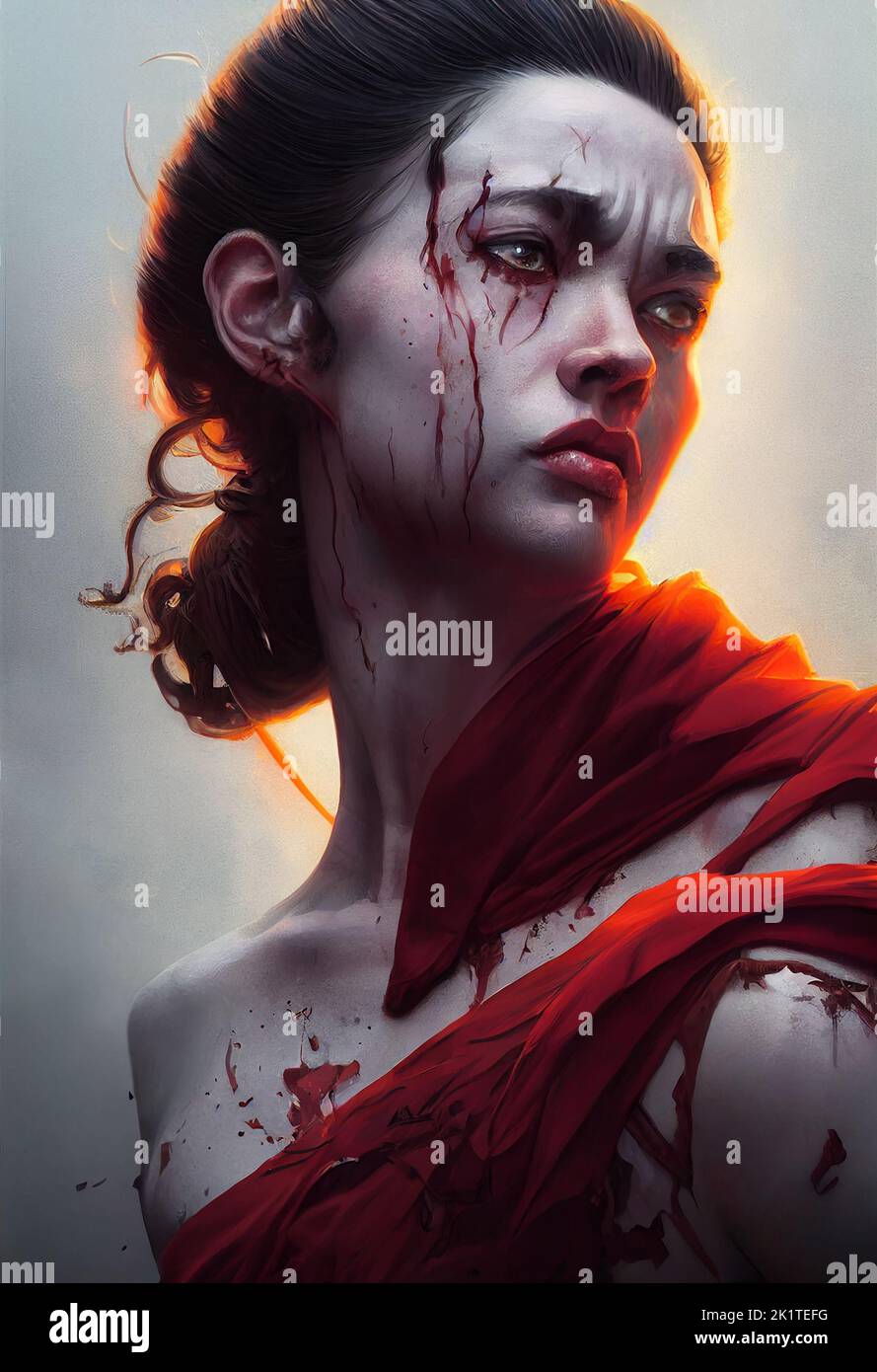 A 3D render of a powerful fantasy heroine covered in blood after completing her quest for revenge Stock Photo