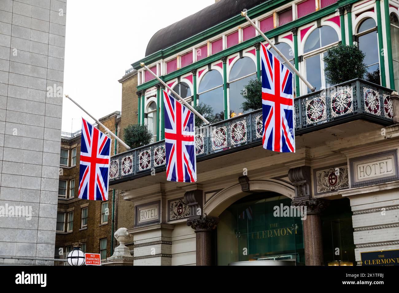 Union Jack flags hang outside a hotel in London Stock Photo