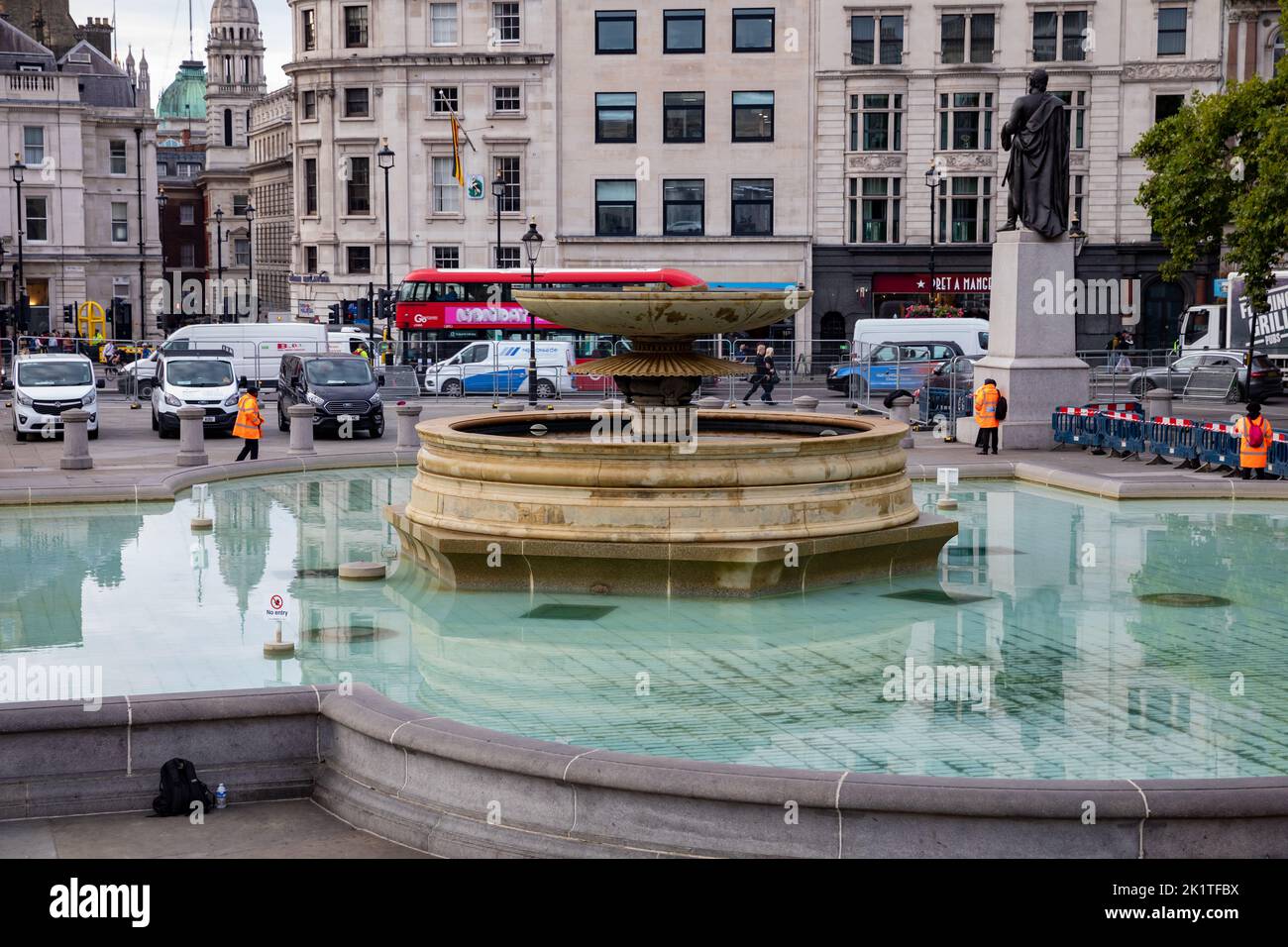 Early Morning in Trafalgar Square, London seems very quiet with no visitors Stock Photo