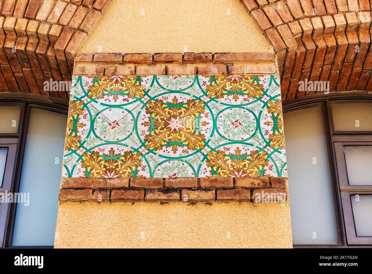 Decorated tiles of the old Slaughterhouse of Tortosa, catalan modernism building in Tortosa, Tarragona, Catalonia, Spain Stock Photo