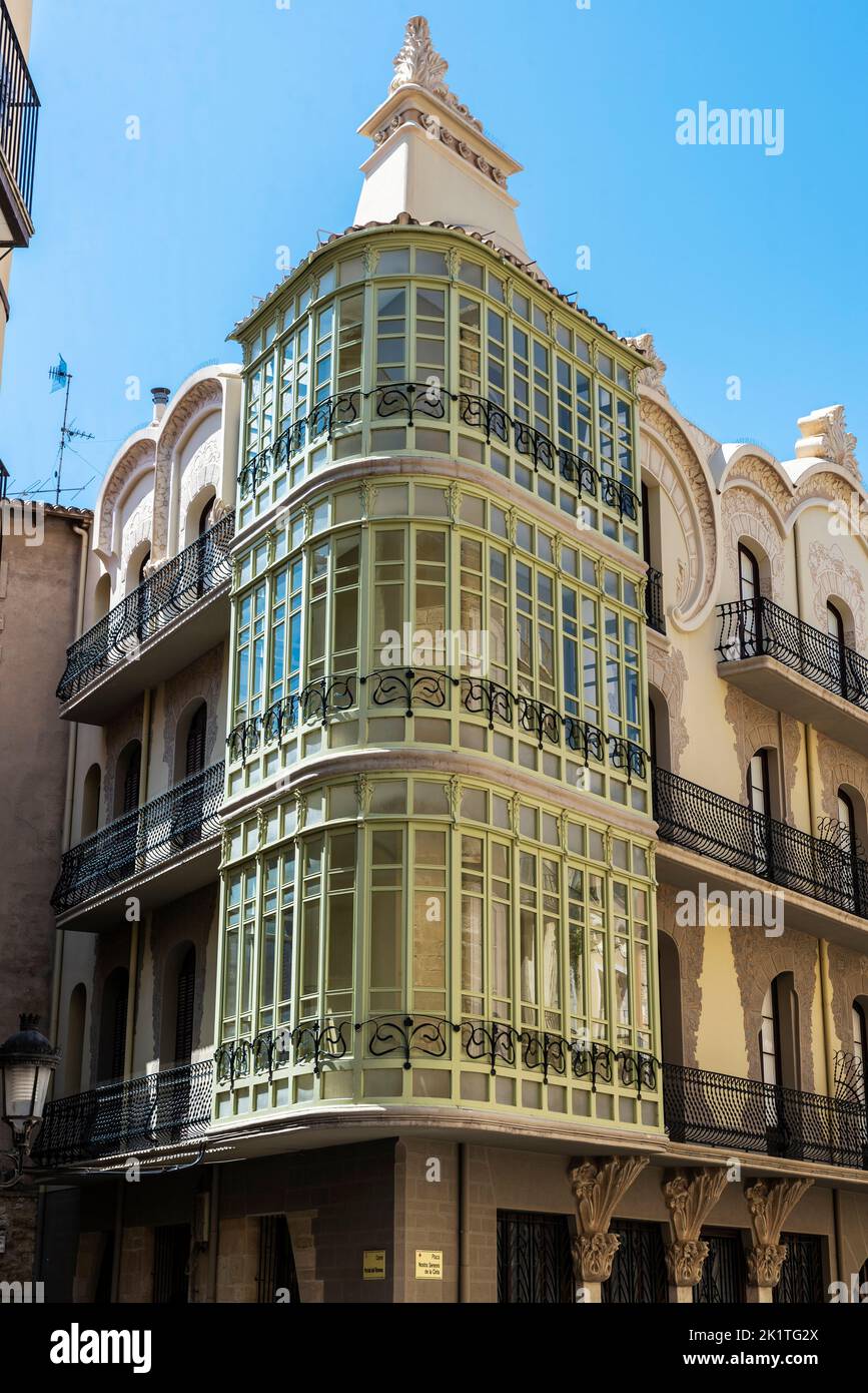 Facade of the Casa Grego or Pilar Fontanet, catalan modernism house in Tortosa, Tarragona, Catalonia, Spain Stock Photo