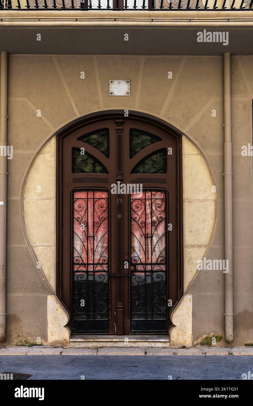 Entrance of the Casa Grego or Pilar Fontanet, catalan modernism house in Tortosa, Tarragona, Catalonia, Spain Stock Photo