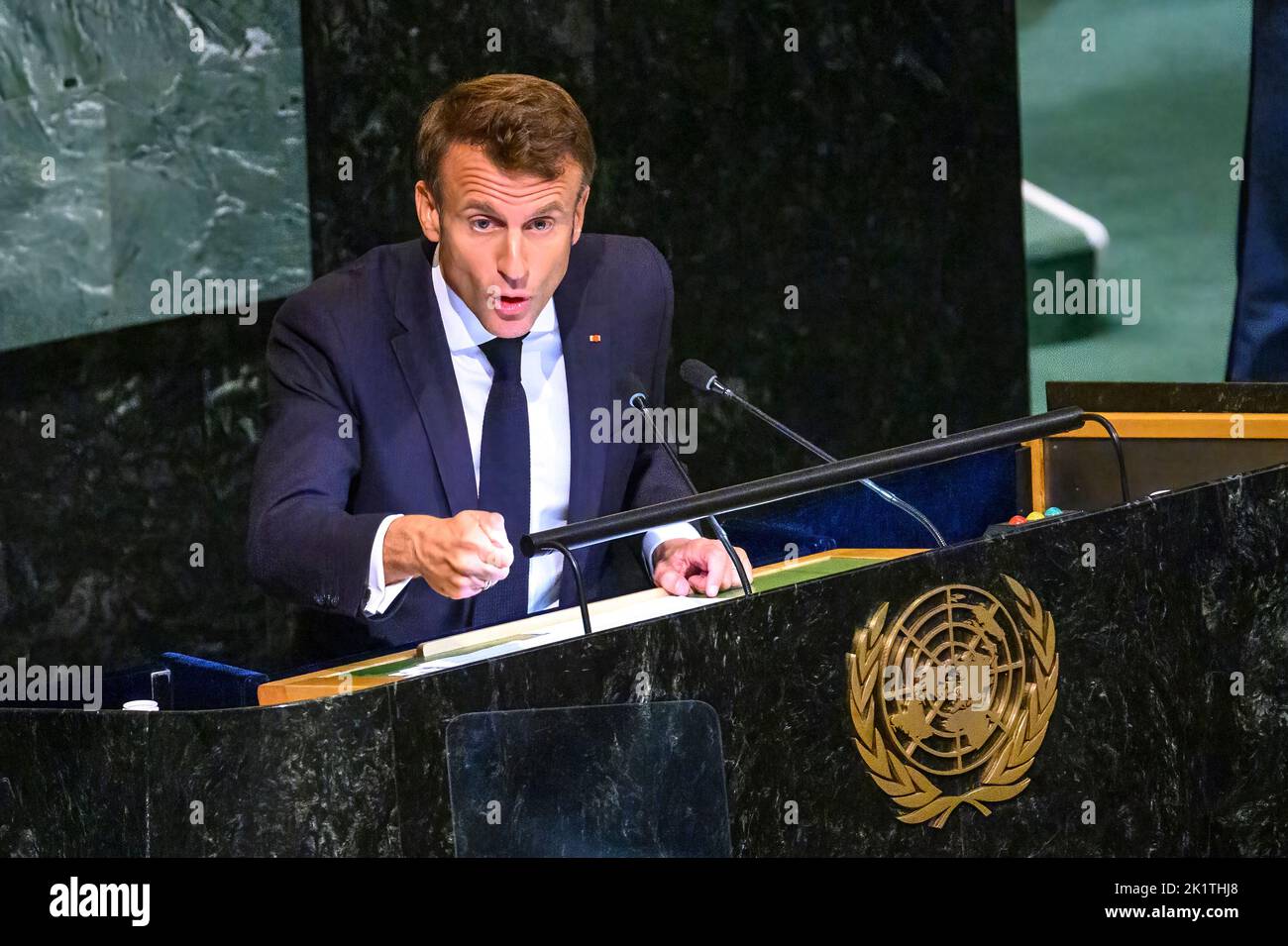 New York, USA. 20th Sep, 2022. French president Emmanuel Macron addresses the General Debate of the 77th United Nations General Assembly. Credit: Enrique Shore/Alamy Live News Stock Photo