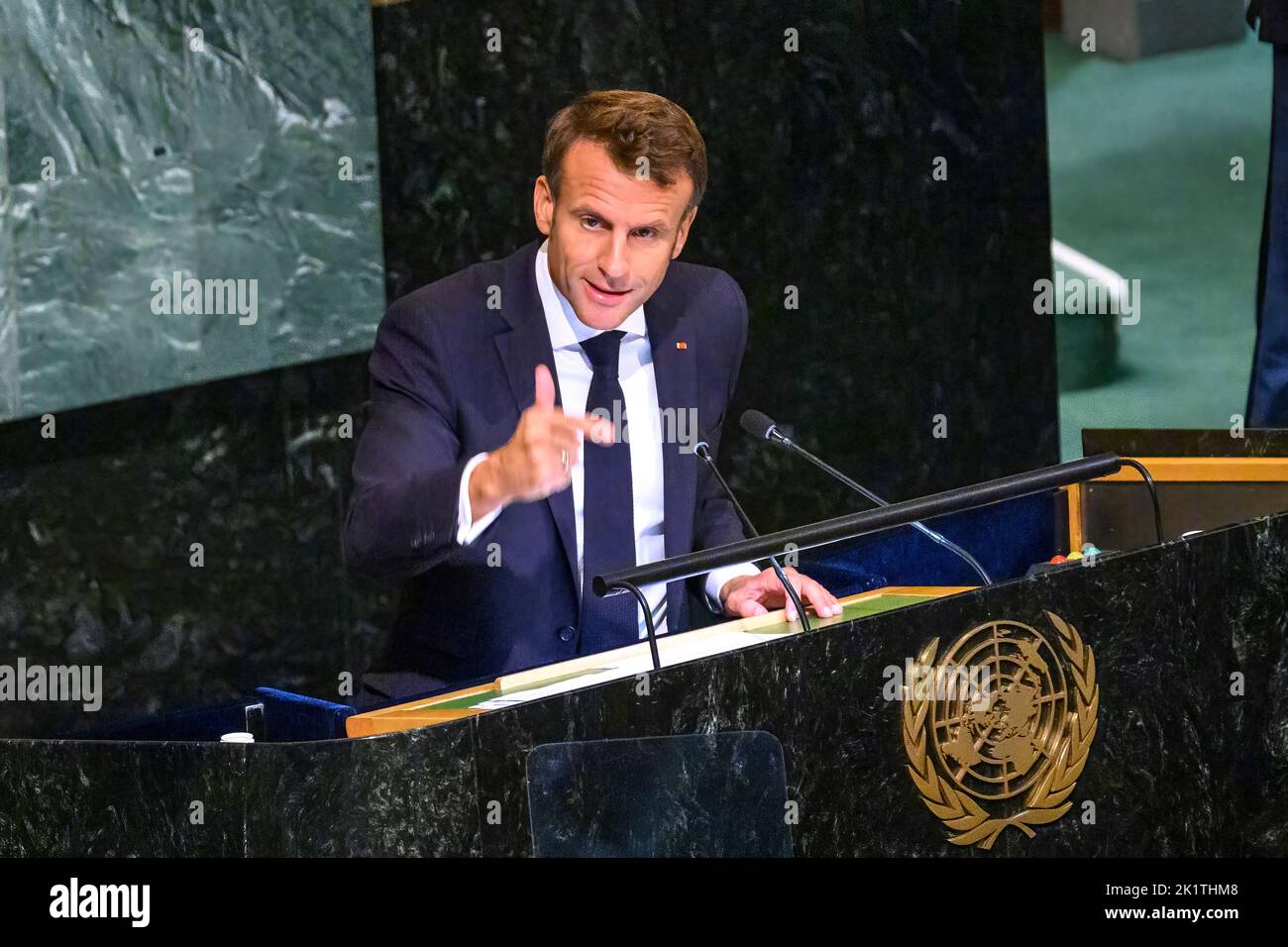 New York, USA. 20th Sep, 2022. French president Emmanuel Macron addresses the General Debate of the 77th United Nations General Assembly. Credit: Enrique Shore/Alamy Live News Stock Photo