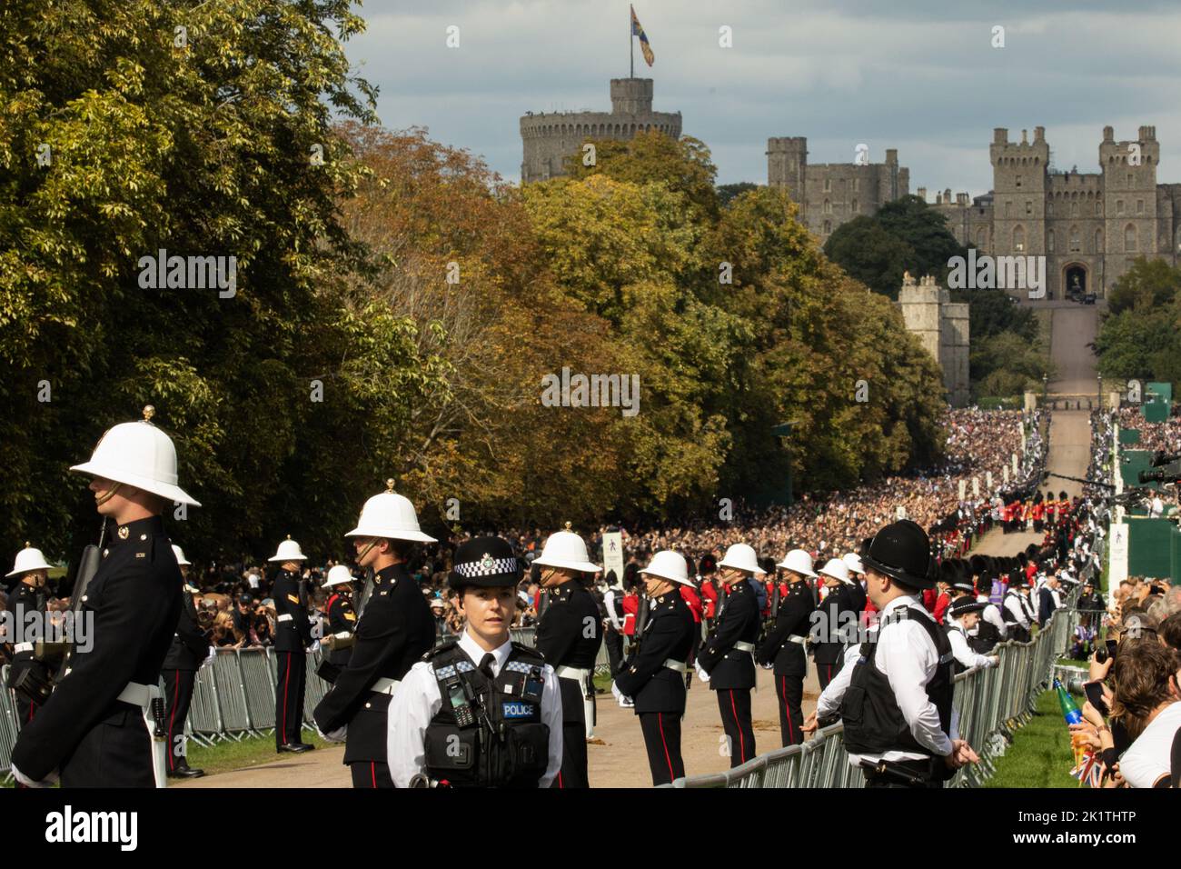 Windsor, UK. 19th September, 2022. Royal Marines and other military personnel flank a section of the Long Walk in Windsor Great Park prior to the procession of Queen Elizabeth II's coffin in the State Hearse to St George’s Chapel for the Committal Service. Queen Elizabeth II, the UK's longest-serving monarch, died at Balmoral aged 96 on 8th September 2022 after a reign lasting 70 years. Credit: Mark Kerrison/Alamy Live News Stock Photo
