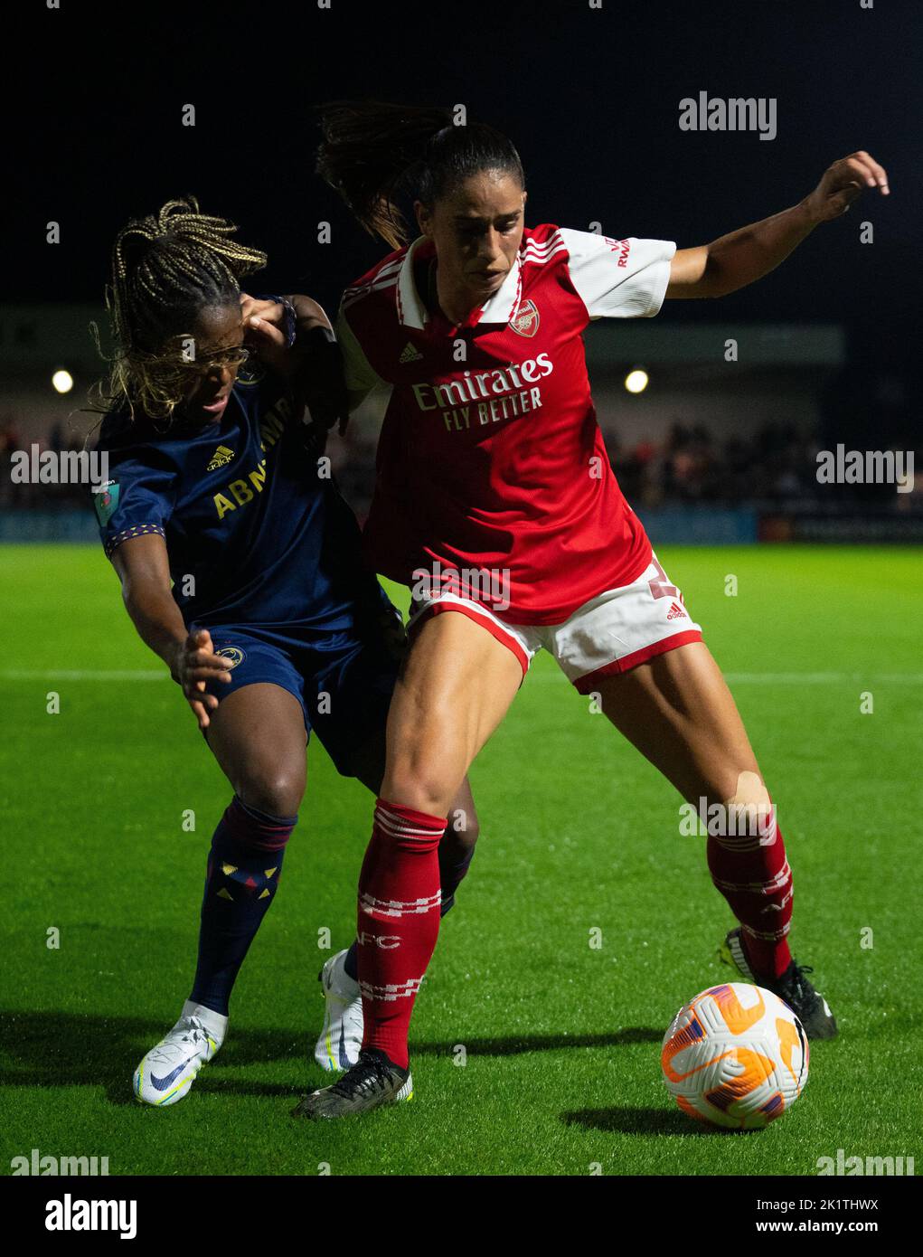 London, UK. 20th Sep, 2022. Rafaelle Souza (2 Arsenal) and Liza van der Most (2 Ajax) battle for the ball during the UEFA Womens Champions League Qualifying Round 2 game between Arsenal and Ajax at Meadow Park in London, England. (James Whitehead/SPP) Credit: SPP Sport Press Photo. /Alamy Live News Stock Photo