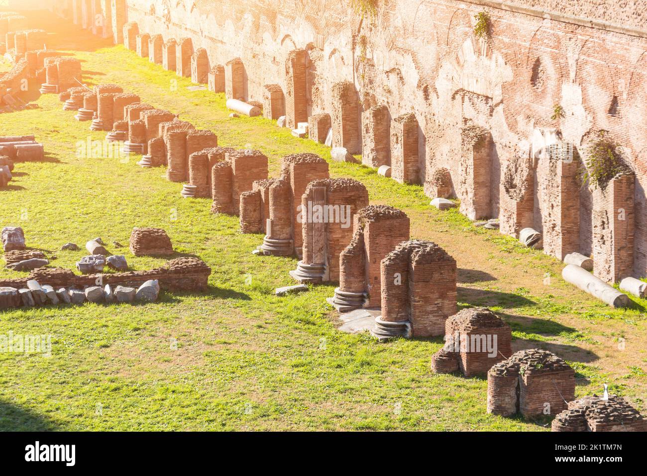 Ruined columns ancient Hippodrome of Domitian in Rome, Italy. Stock Photo