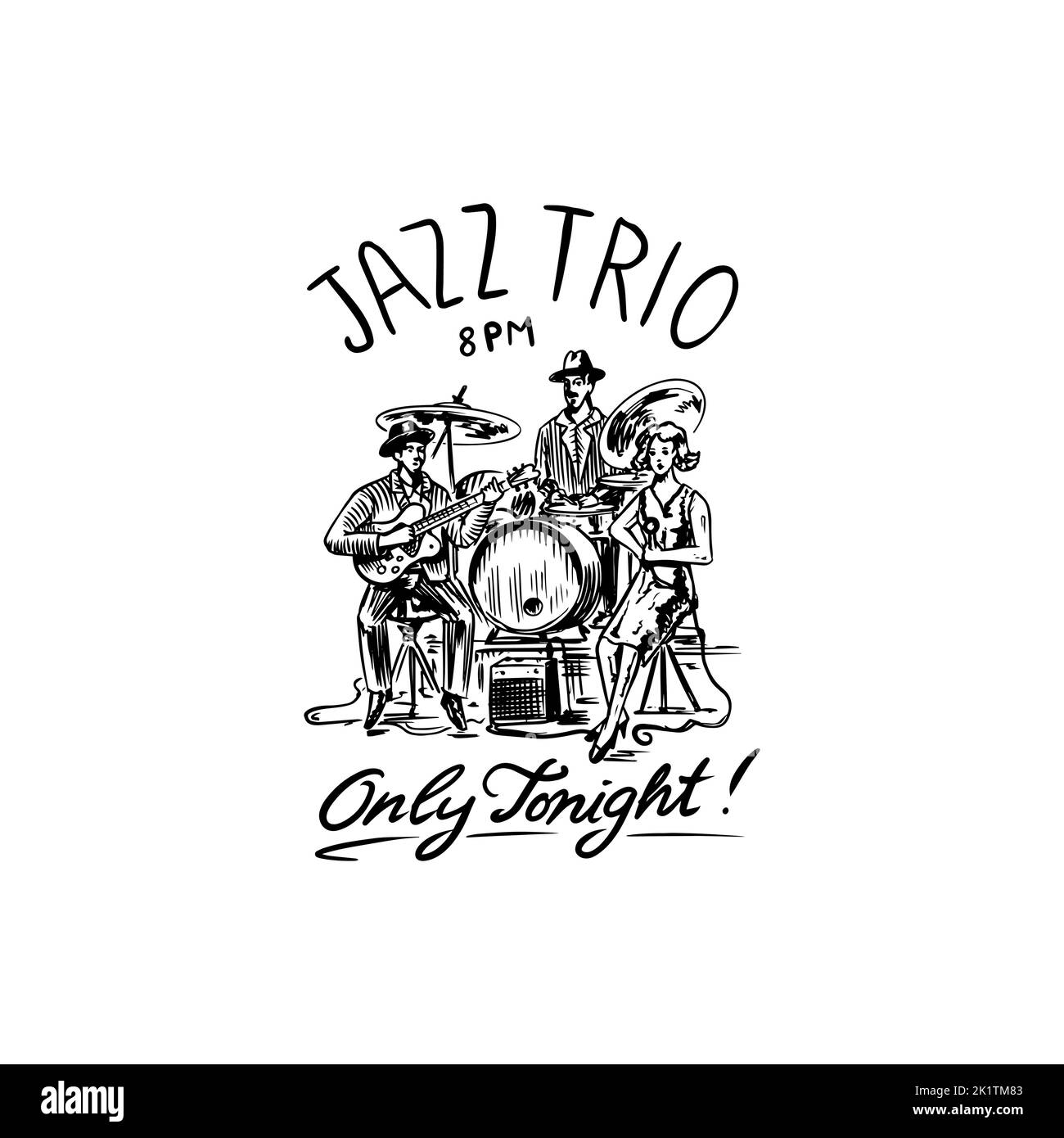 Jazz band. Singer with microphone, guitarist and drummer. The trio play