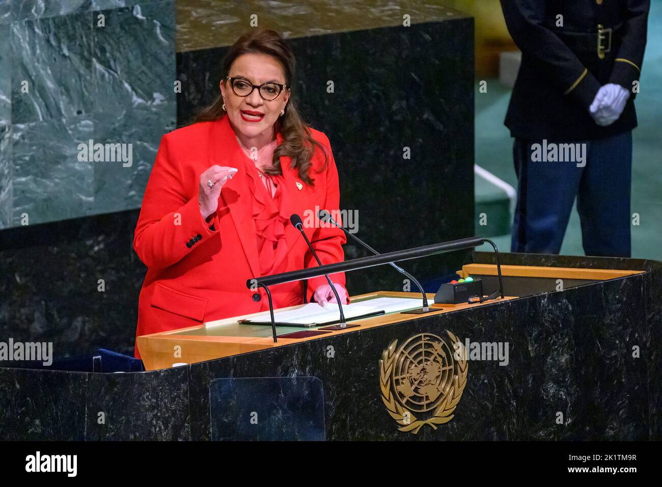 New York, USA. 20th Sep, 2022. Iris Xiomara Castro Sarmiento, President of the Republic of Honduras, addresses the General Debate of the 77th United Nations General Assembly. Credit: Enrique Shore/Alamy Live News Stock Photo