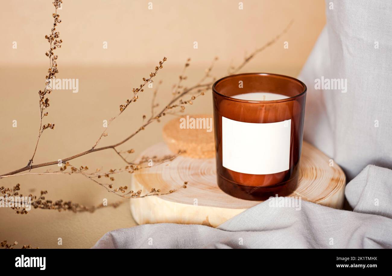 Meditation space with candle. Burning candle on Stock Photo