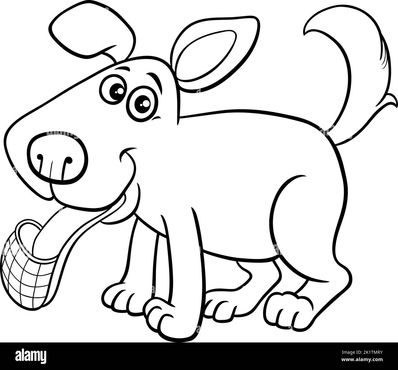 Black and white cartoon illustration of funny dog comic animal character with slipper coloring page Stock Vector
