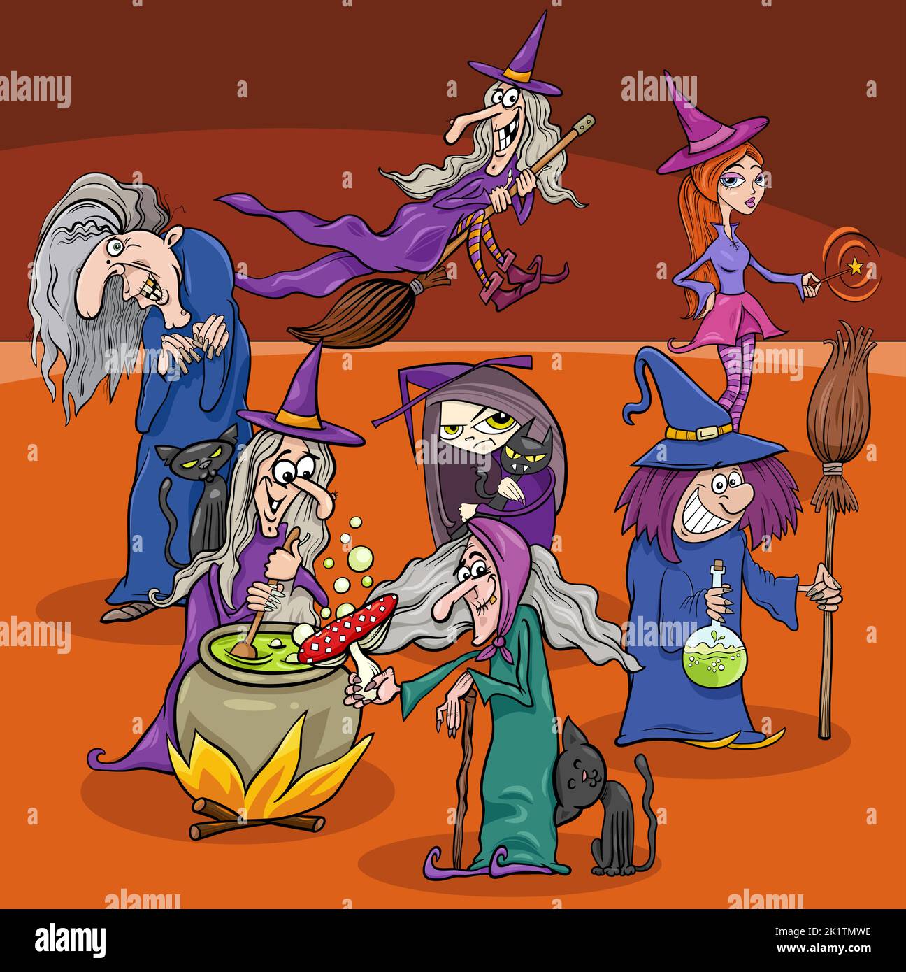 Cartoon illustration of witches group on Halloween time Stock Vector