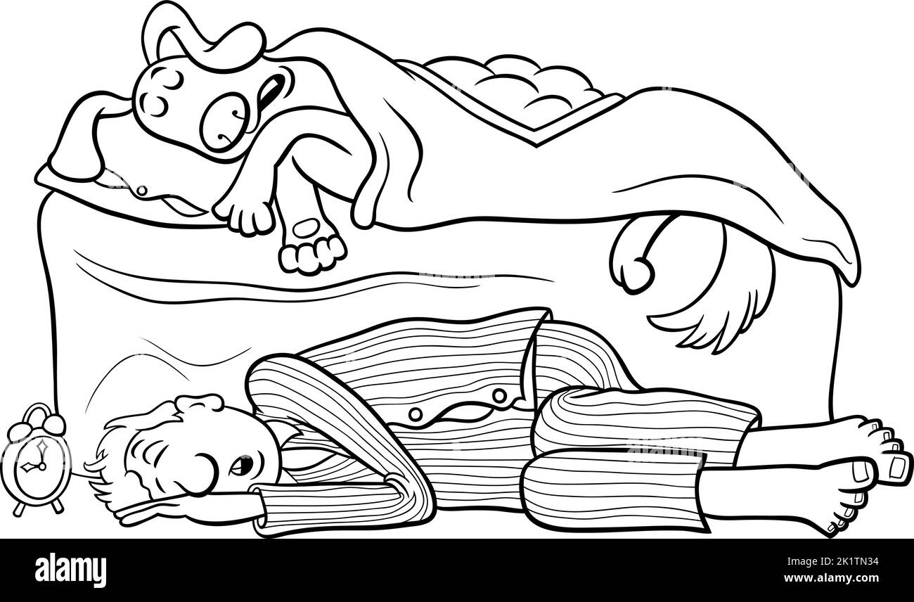 Black and white cartoon illustration of dog sleeping in bed and his owner lying on the floor coloring page Stock Vector