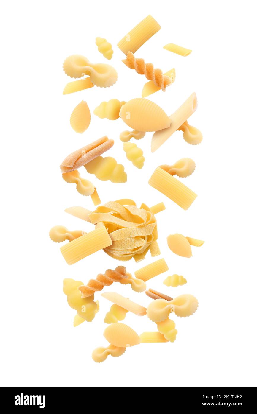 Different types of raw pasta isolated on white Stock Photo