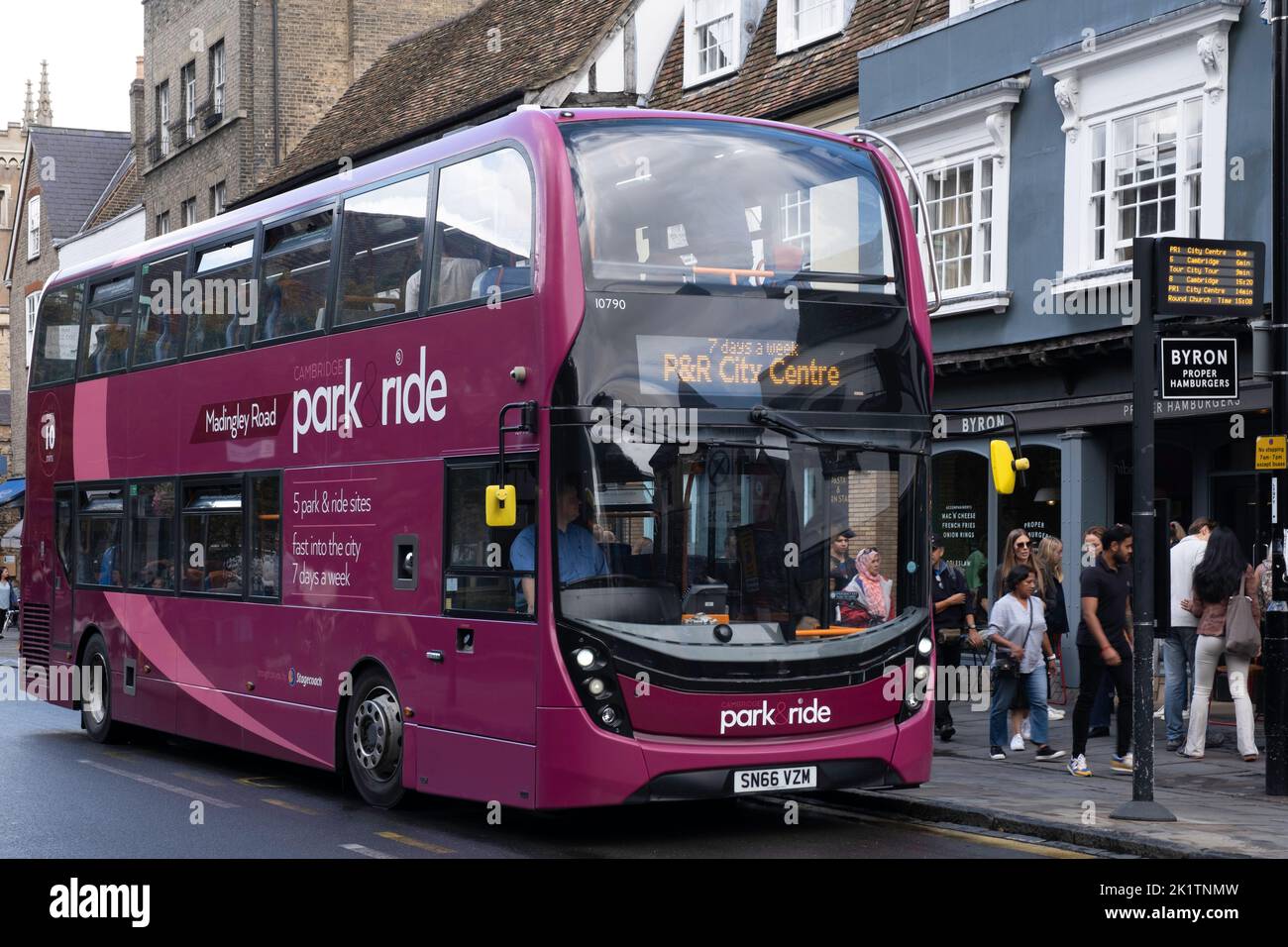 Purple doubledecker bus to and from Madingley Road Park and Ride