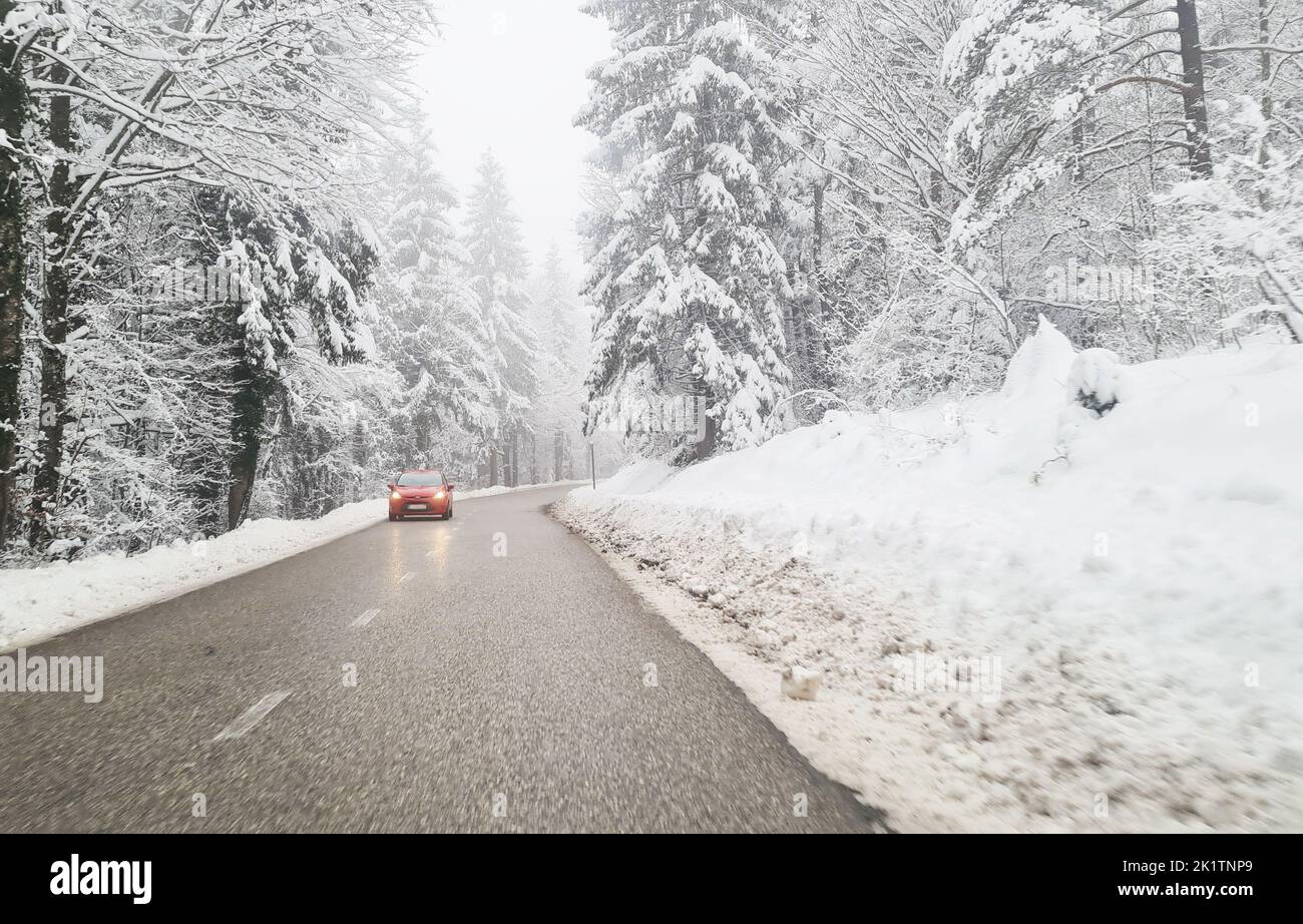 A red car driving on a wet asphalt road. Winter snowy forest landscape. Winter road conditions. Stock Photo