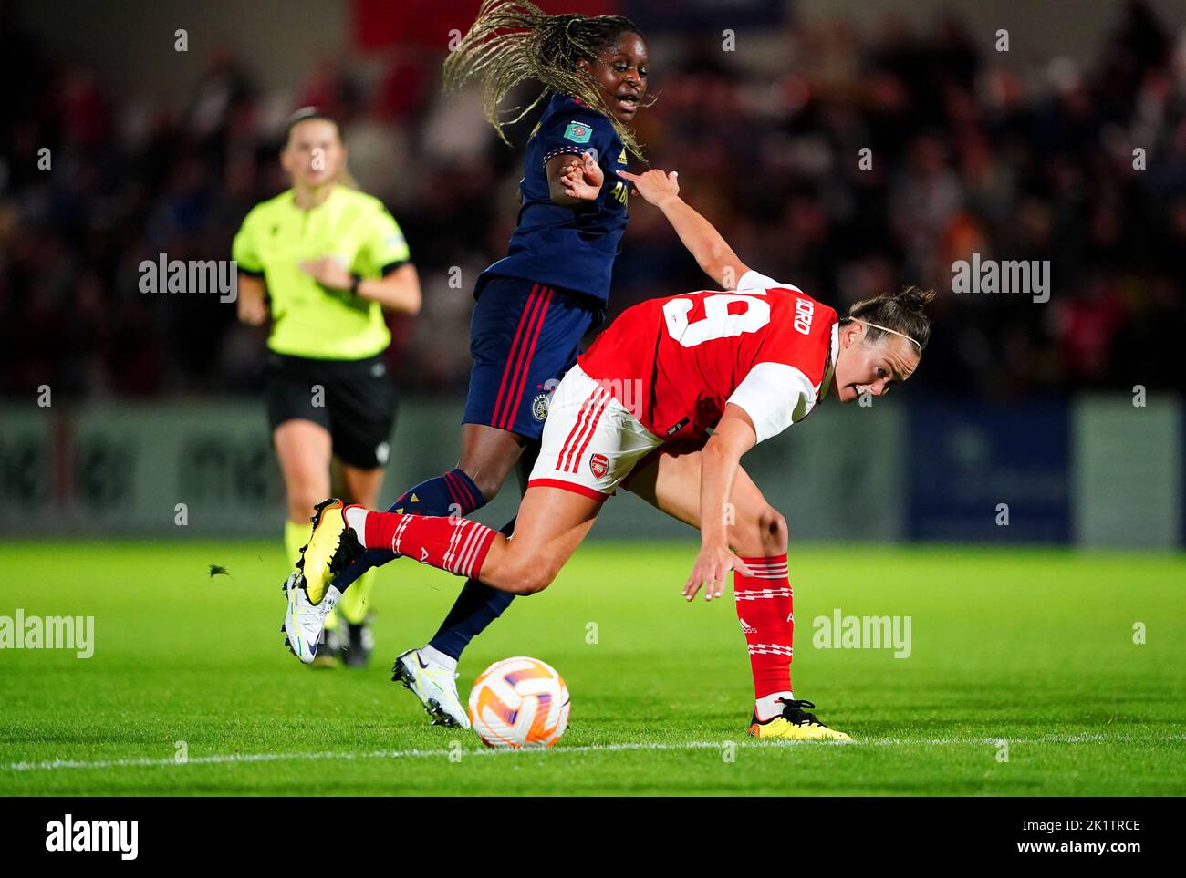 Arsenal's Caitlin Foord (right) and Ajax's Liza van der Most battle for the ball during the UEFA Women's Champions League second round first leg match at the LV Bet Stadium Meadow Park, London. Picture date: Tuesday September 20, 2022. Stock Photo