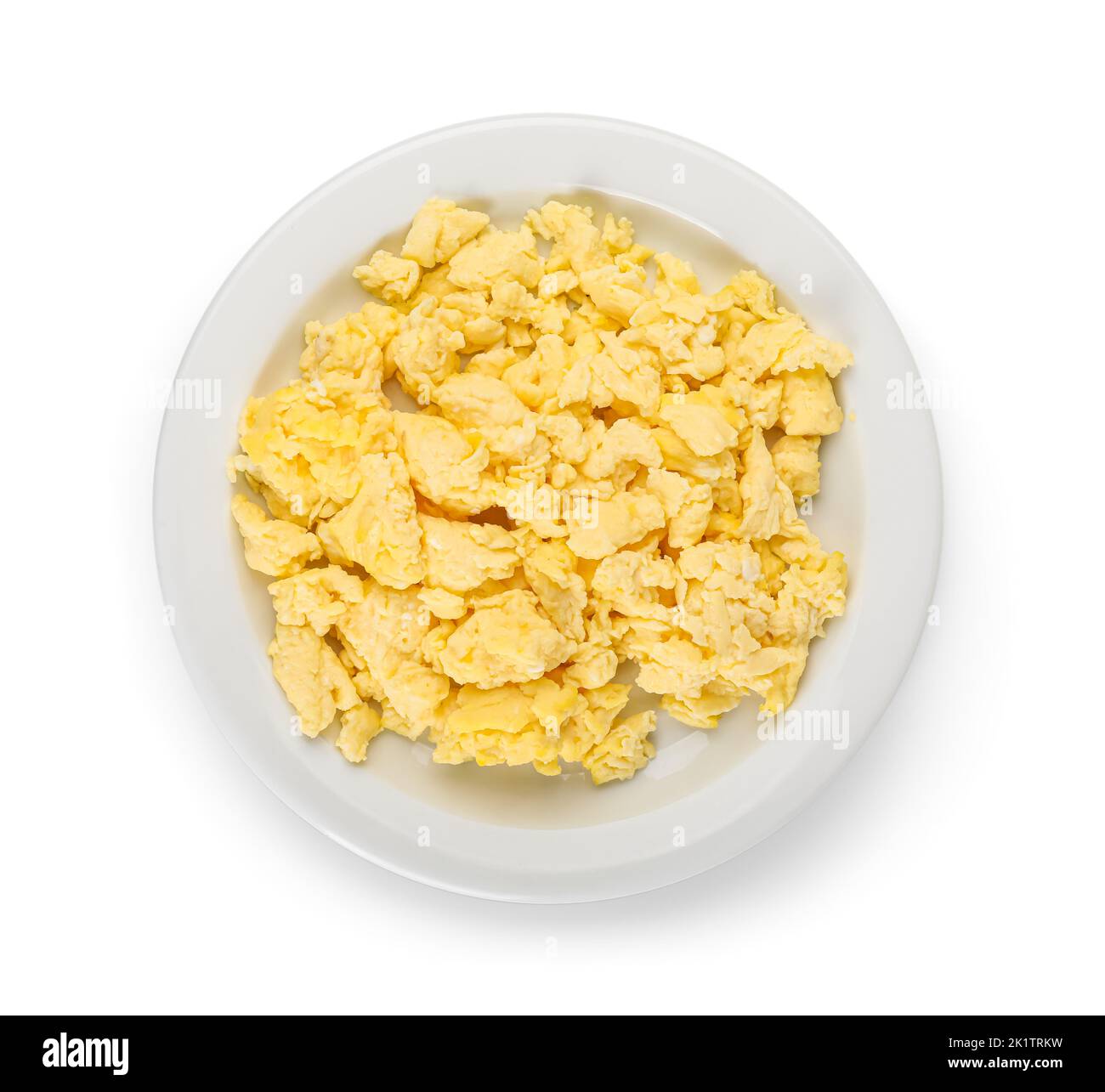 Plate of tasty scrambled eggs isolated on white background Stock Photo ...