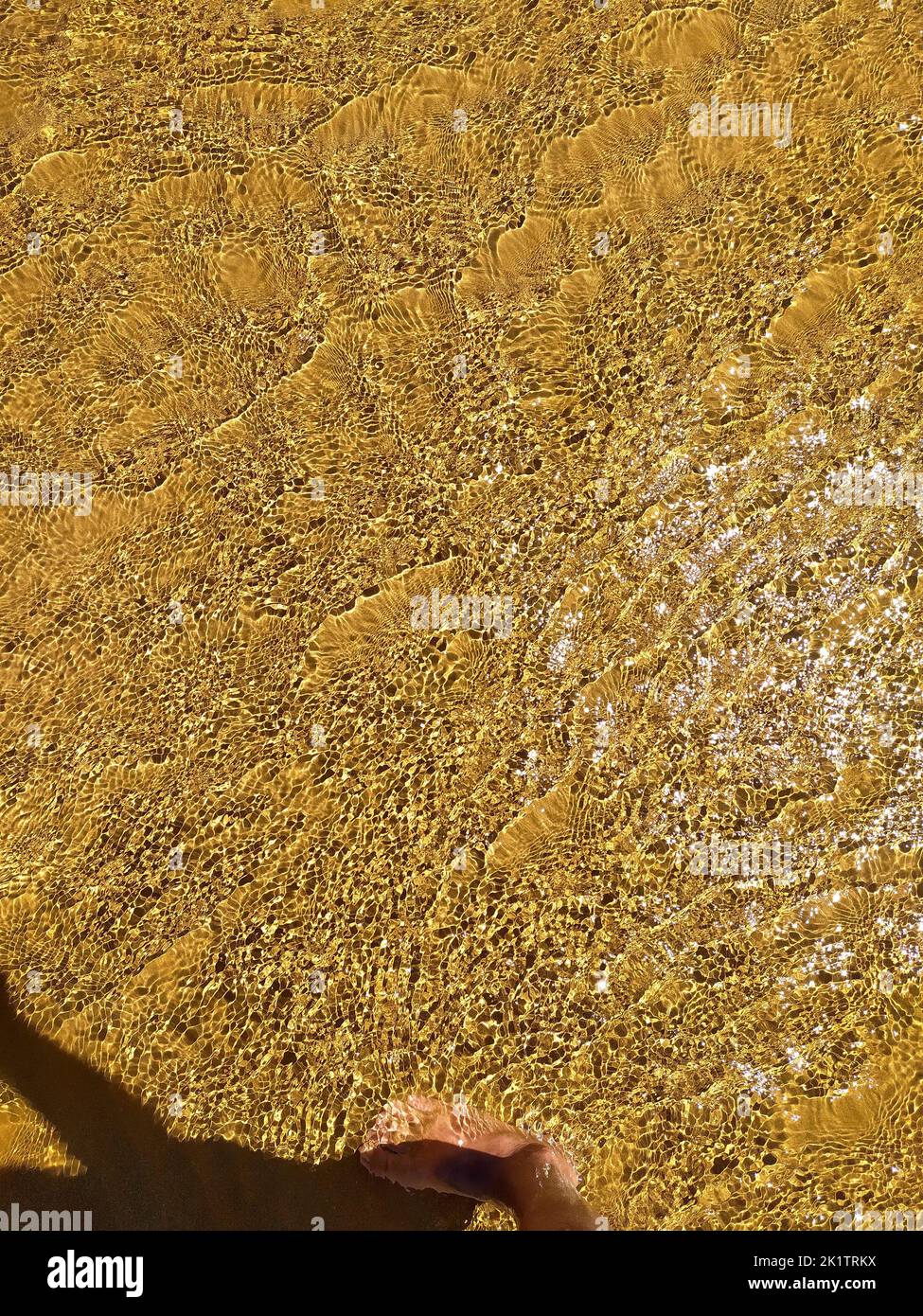 Bright ripples on the surface of the water. Golden sand beneath the ...