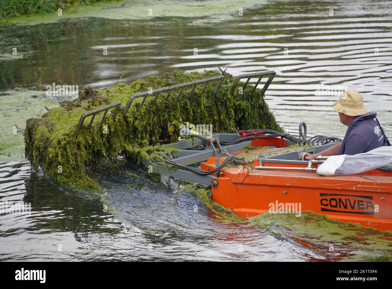 Mowing boats, Conver, weed, grass, plant growth, embankments, waterways, rivers, cleaning, debris removal, mechanical arm, overgrowth, duck weed, silt Stock Photo