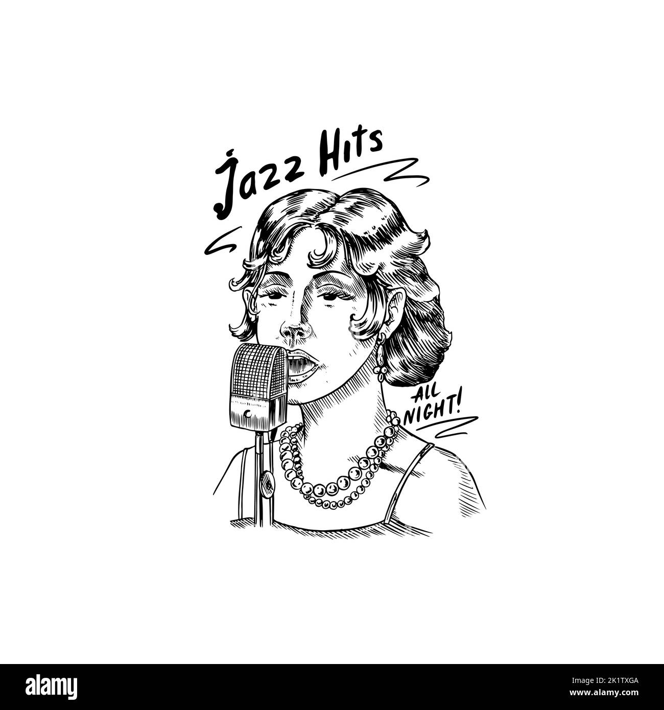Woman jazz singer sings into a microphone. Hand drawn logo or badge. Sketch. Doodle vector illustration. Stock Vector