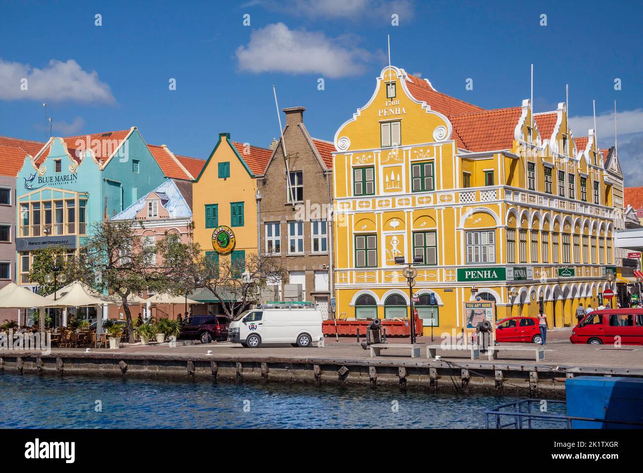 Business fronts on the scenic Punda side of Willemstad Harbor is a Curacao national iconic symbol. Stock Photo