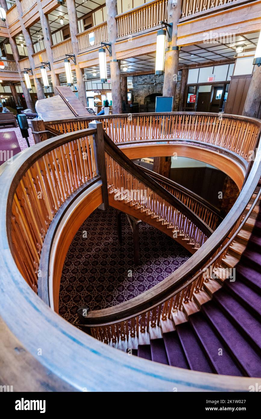 Elaborate winding wooden staircase; Many Glacier Hotel; Glacier National Park; Montana; USA Stock Photo