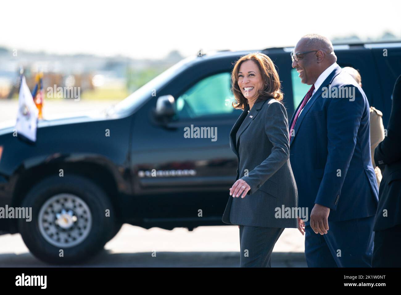 United States Vice President Kamala Harris, left, walks across the tarmac with Orangeburg Mayor Michael Butler at Columbia Metro Airport in West Columbia, South Carolina Tuesday, September 20, 2022. Harris visited Orangeburg to highlight the importance of National Voter Registration Day Credit: Sean Rayford/Pool via CNP /MediaPunch Stock Photo