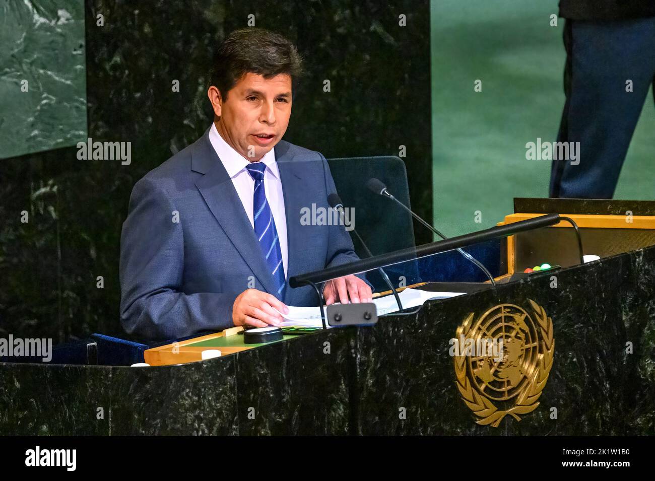 New York, USA. 20th Sep, 2022. Pedro Castillo Terrones, president of the Republic of Perú, addresses the General Debate of the 77th United Nations General Assembly. Credit: Enrique Shore/Alamy Live News Stock Photo